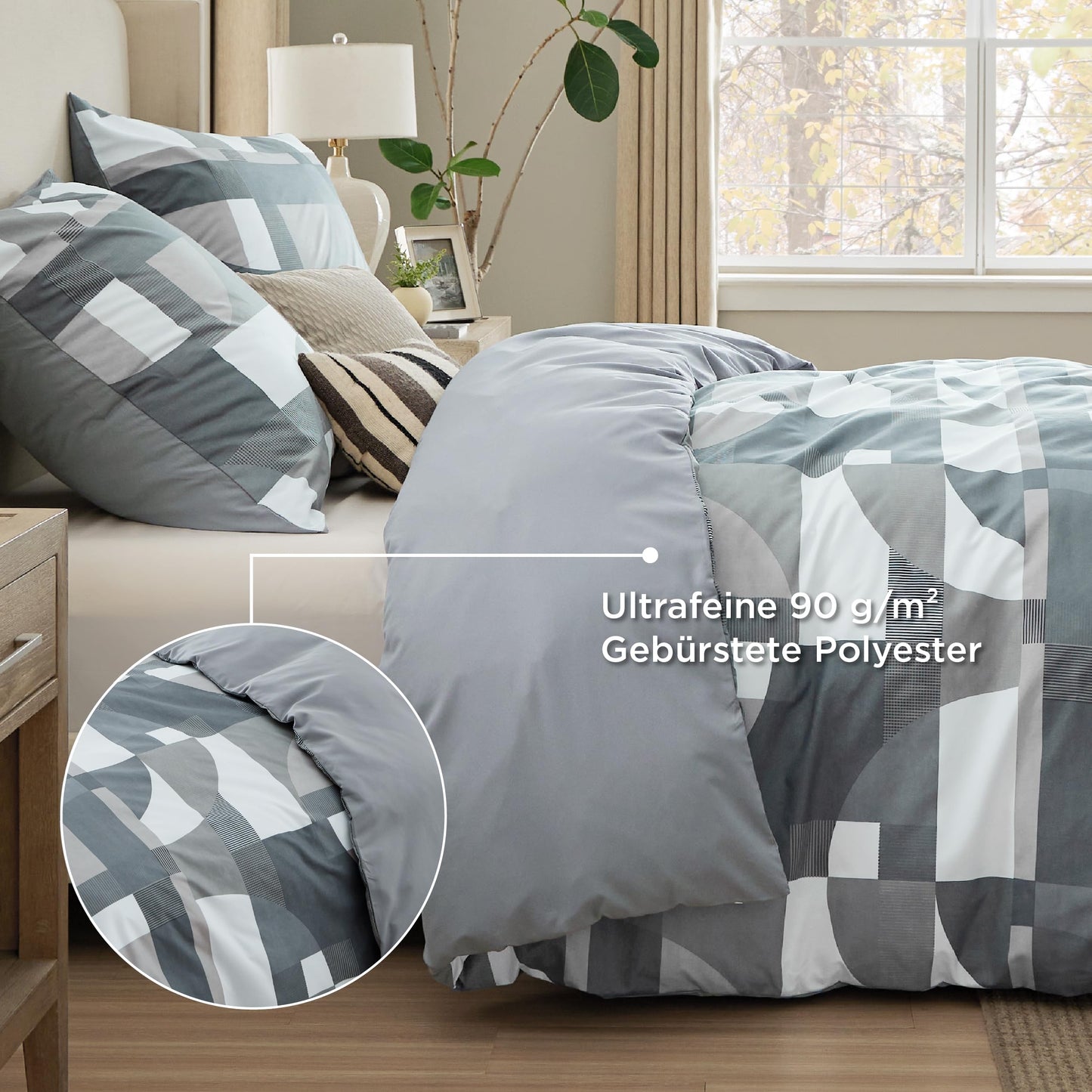 BEDSURE Bettwäsche 135x200 4teilig Bettbezug - Bettwäsche-Sets 135 x 200 cm 2er Set mit 2 Kissenbezüge 80x80cm, ÖKO-TEX Wendebettwäsche Bedding Zweige Grau Muster mit Reißverschluss