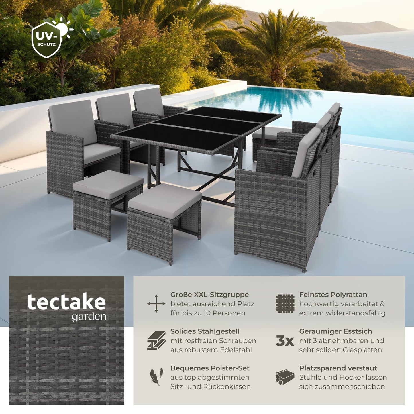 tectake® Outdoor Balcony Garden Furniture Set, Lounge with 6 Chairs, 4 Stools and 1 Table, Poly Rattan Wicker, Weatherproof, Space-Saving - Grey