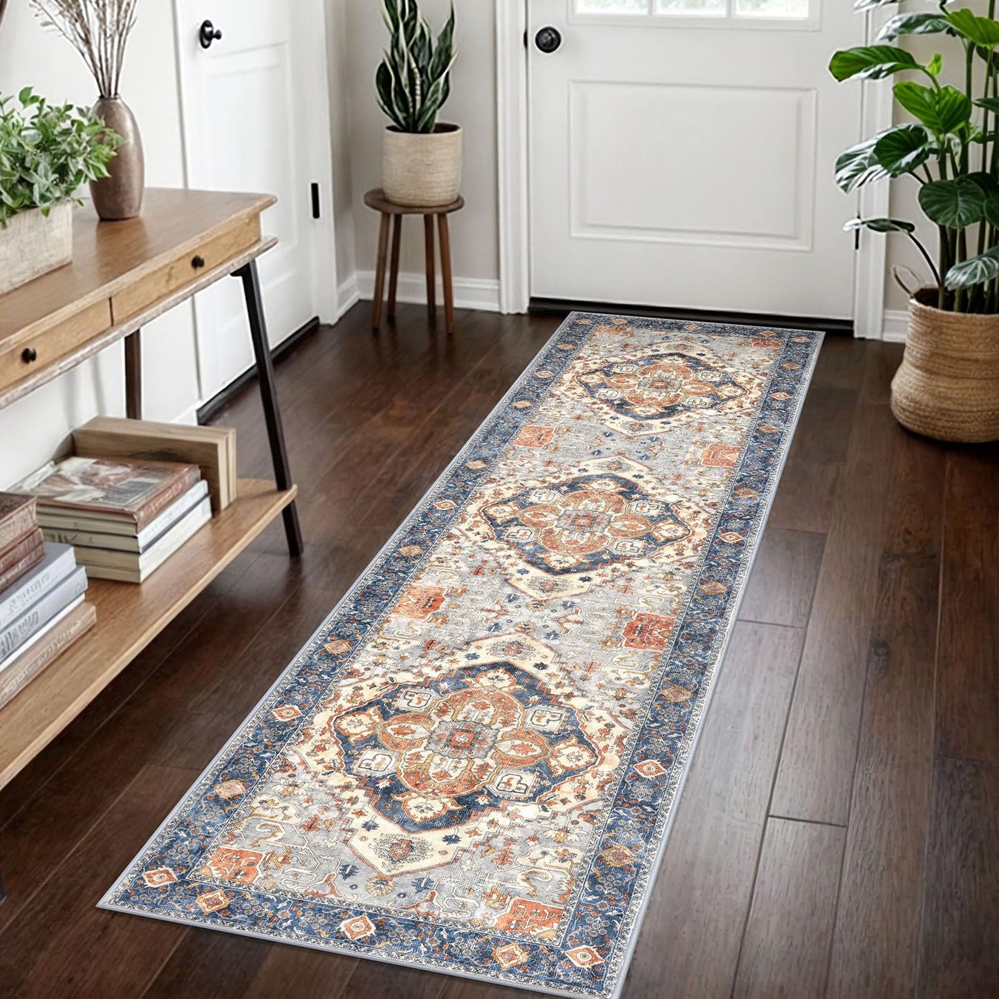 2x3 Blue Washable Rug for Entrance, Soft Traditional Area Rug, Non-Slip Printed Kitchen Rugs, Low-Pile Medallion Indoor Door Mat, Small Farmhouse Carpet for Entryway Kitchen Foyer Bedside