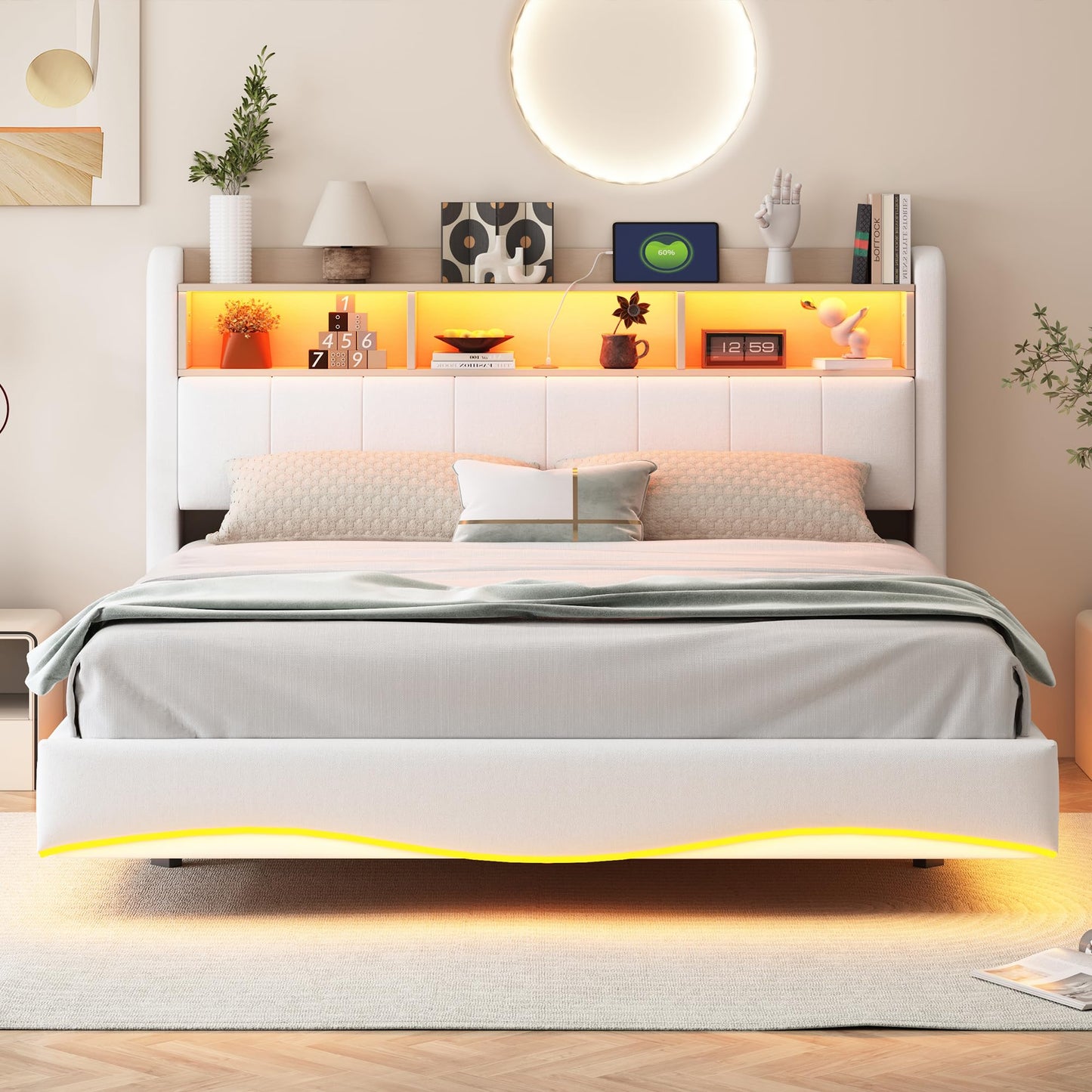 LAKFEW Polsterbett 140X200 cm, Doppelbett Stauraumbett mit LED-Beleuchtung, Erwachsenenbett mit USB/Typ-C, Bettgestell Bett mit Lattenrost, Ohne Matratze, Grau, Leinen