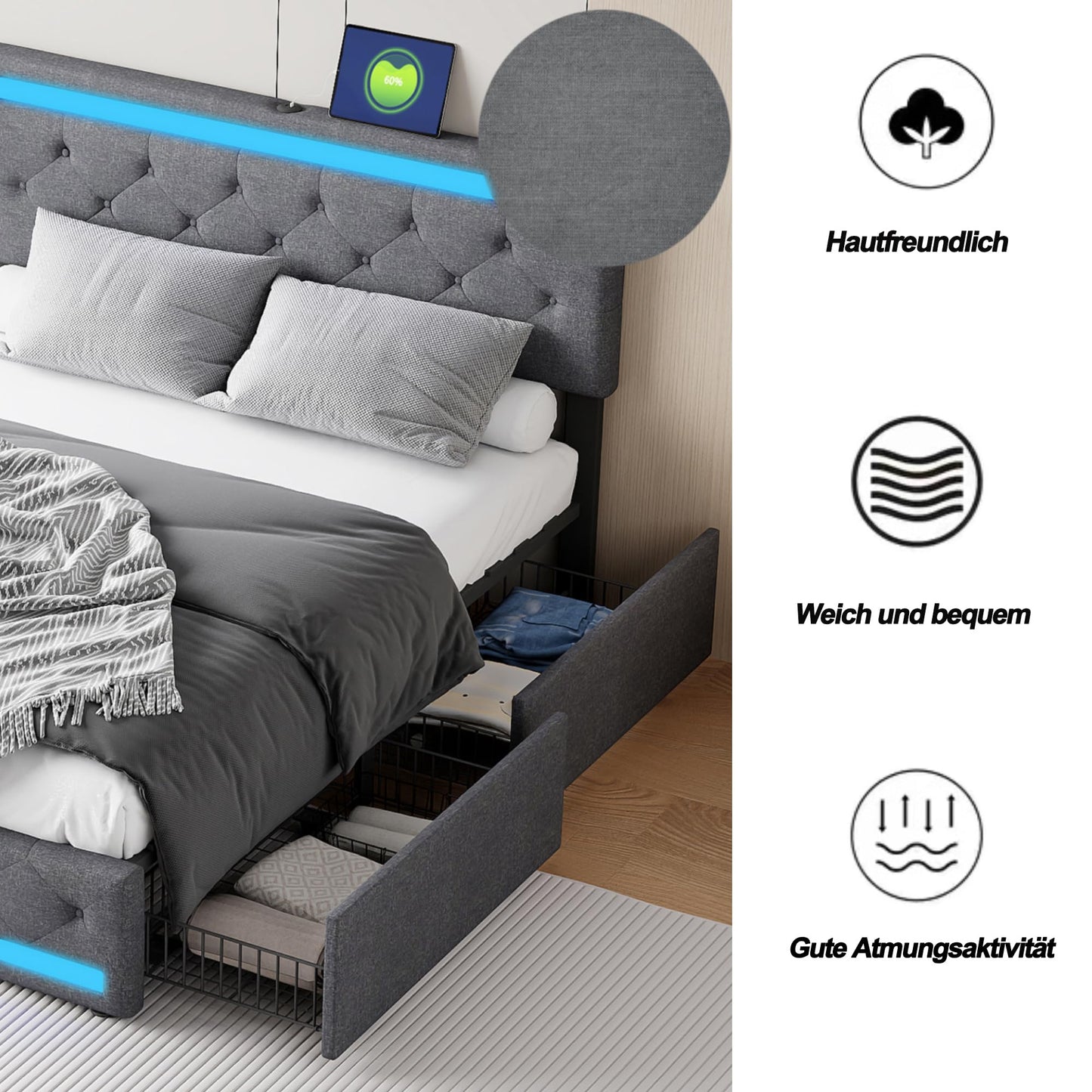 KeepGoon Doppelbett 140 x 200 cm,Polsterbett mit LED-Leuchten, 4 Eisenschubladen und einem USB Ladeanschluss,Stauraumbetten Bettgestell,Leinenstoff (Beige)