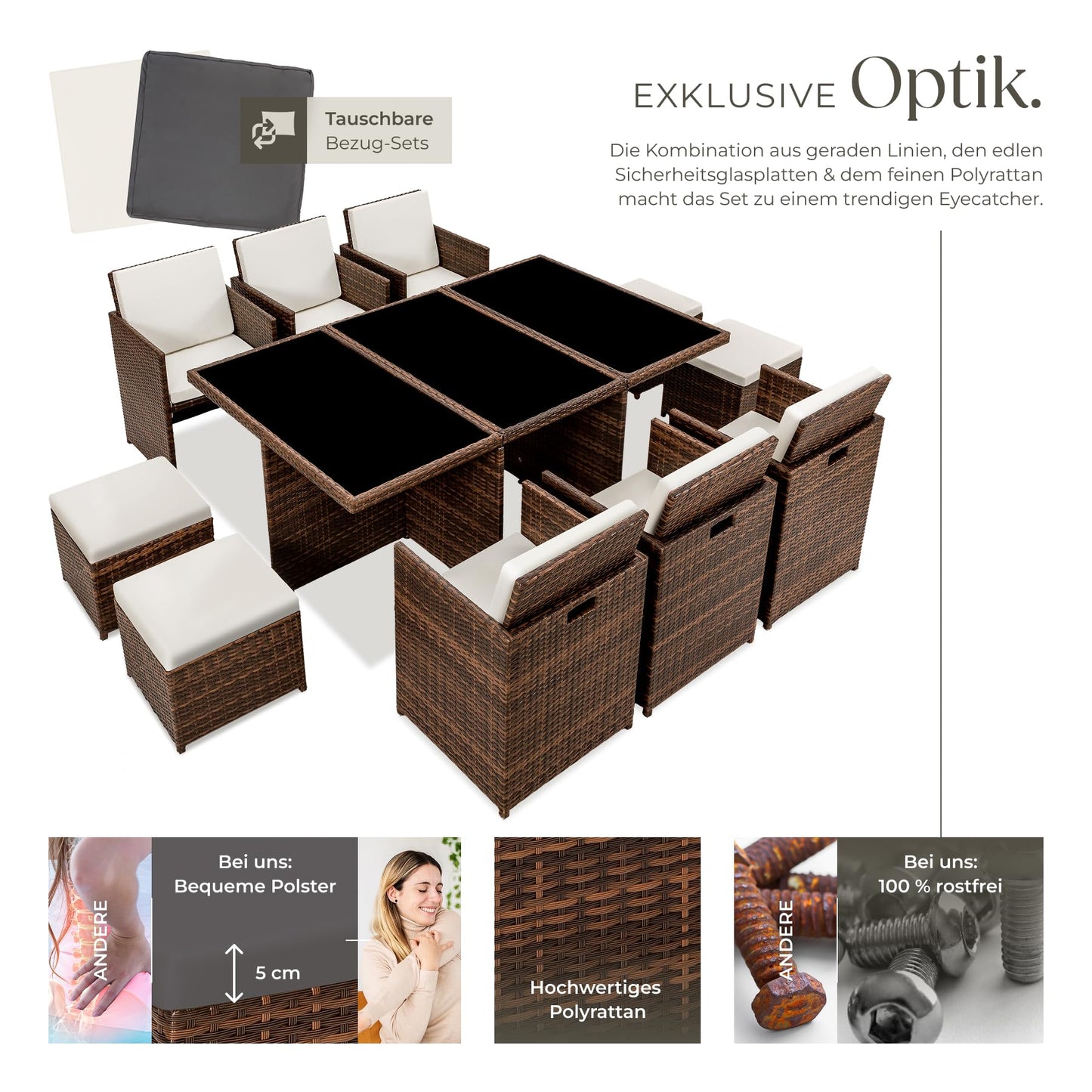 tectake Polyrattan Gartenmöbel Set, Sitzgruppe mit 6 Stühle +1 Glasplatte Tisch + 4 Hocker, Gartenlounge Set klappbar, für bis zu 10 Personen, Balkon Möbel, inkl. 2 Bezugsset - Natur