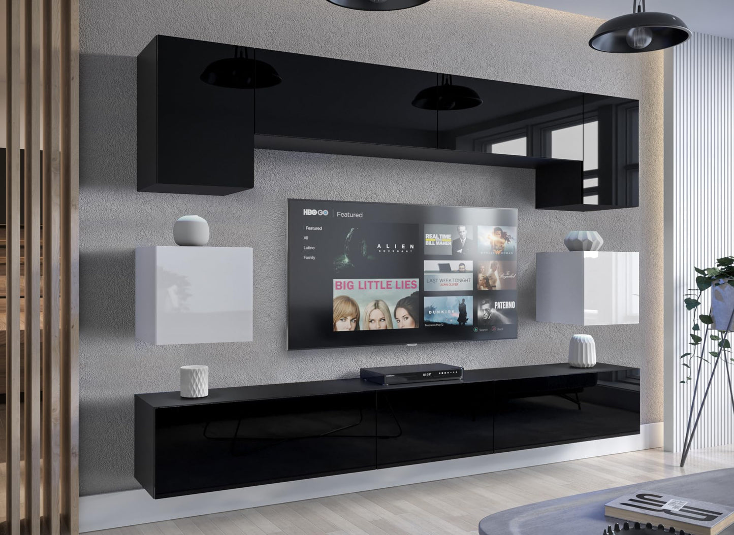 Furnitech Living Room Wall Unit | Hanging Living Room Wall Unit Modern | Living Room Cabinet Wall with Shelves and TV Cabinet | Living Room Furniture without LED (Nowara AN1-17S-M50 1A)