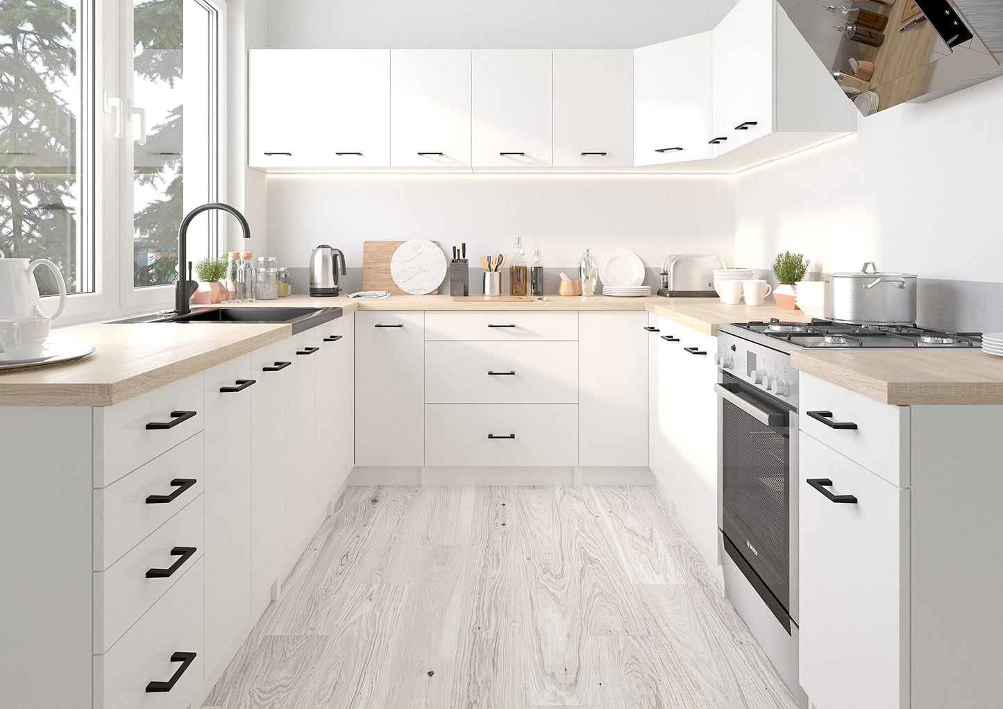 AKORD Küchenmöbel-Set OLIWIA 2.4m Modulares 240 cm 11 Türen 1 Schublade, Küche Komplett, Kitchen Cabinet Set, Küchenschränke, Standschränke, B240xH203xT46 cm, Beton & Beton