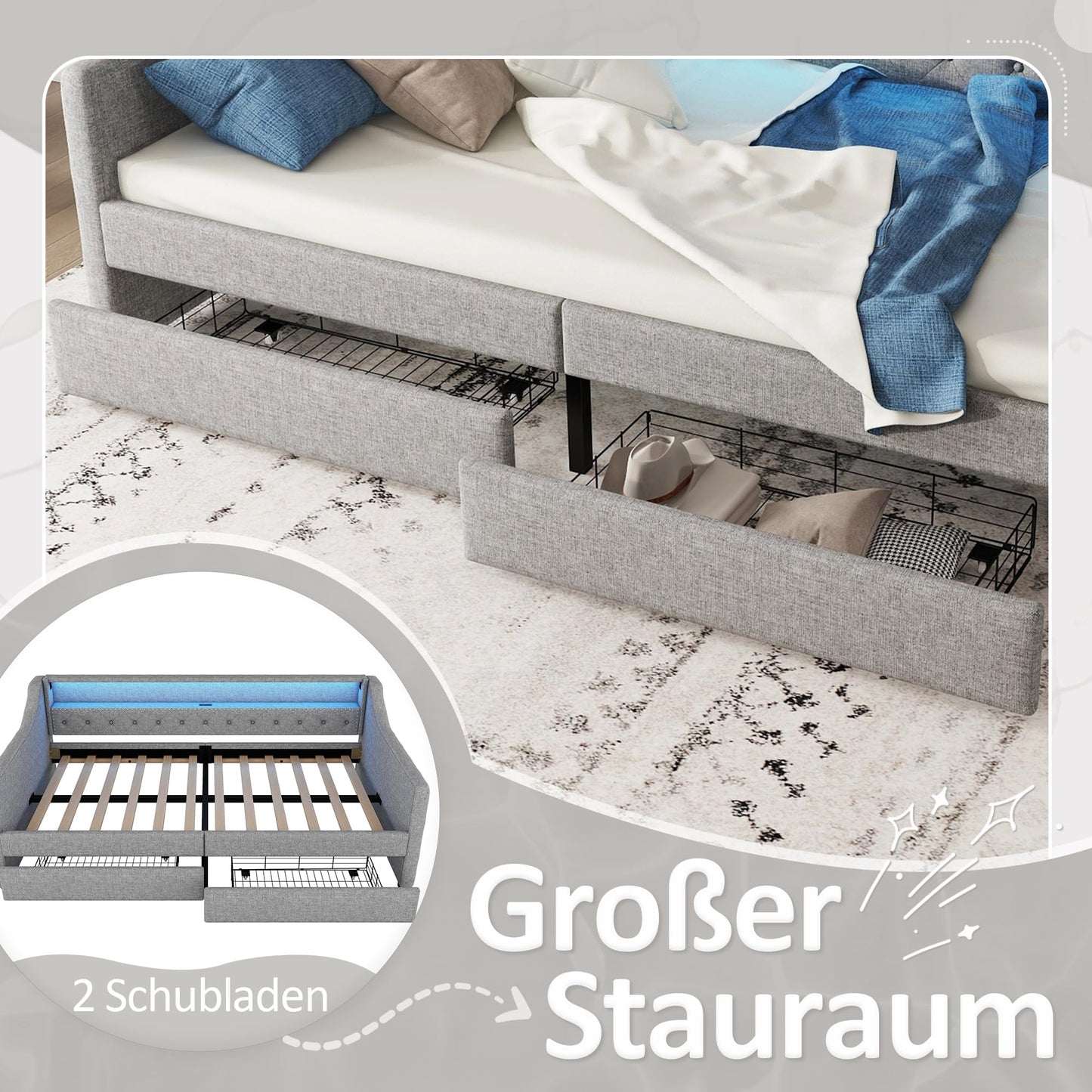 Aoskem Polsterbett Tagesbett Einzelbett 90x200 mit 2 Stauraum Schubladen, Kinderbett LED-Sofabett mit USB-Ladebuchse, Bettgestell mit Lattenrost, Jugendbett Schlafsofa, Ohne Matratze, Leinen (Grau)