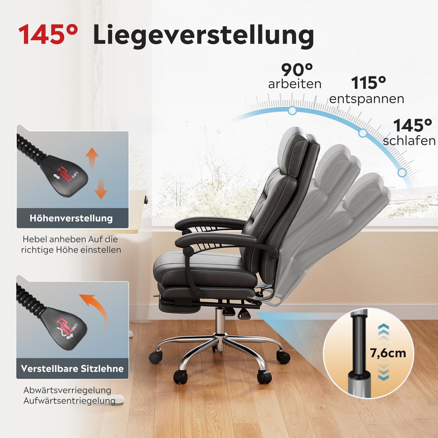 DEVAISE Chefsesse PU Leder, Bürostuhl Ergonomisch mit Fußstütze und Lendenwirbelstütze, Wippfunktion und Winkelverriegelung, Hohe Rückenlehne, Höhenverstellbar, Liegestuhl für Büro & Zuhause, Schwarz