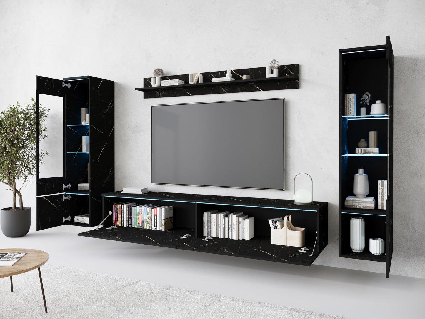 MINIO go for it Veve 2, 4-Piece Wall Unit Set, Hanging or Standing, 2 x Tall Cabinet Display Cabinets, Lowboard, Wall Board, Laminated Clamping Plate, Wotan Oak and Black Gloss, without Lighting