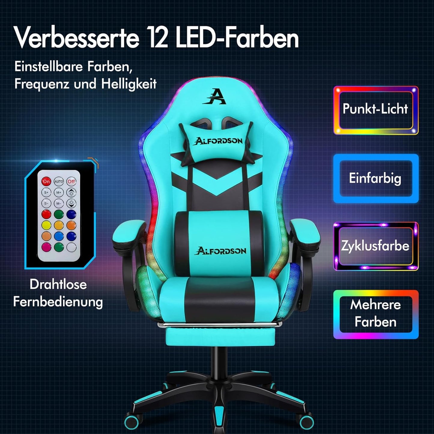 ALFORDSON Gaming-Stuhl, LED-Racing-Gamer-Stuhl mit 12-Farben-RGB-Beleuchtung, Massage-Gaming-Stuhl mit Lordosenstütze, Fußstütze, PU-Material, Cyan