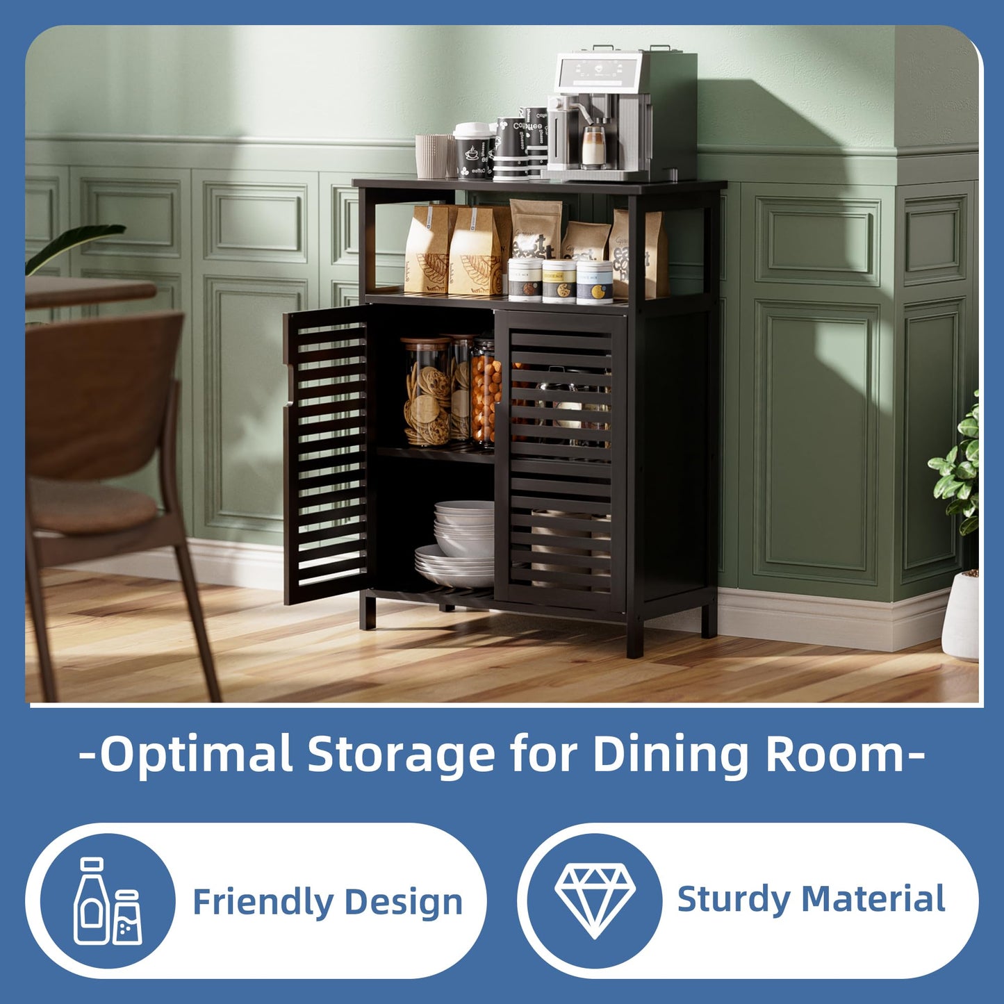 HITNET Bathroom Cabinet Bamboo Black Bathroom Cabinet with 2 Doors Freestanding Cabinet for Bathroom, Living Room and Bedroom