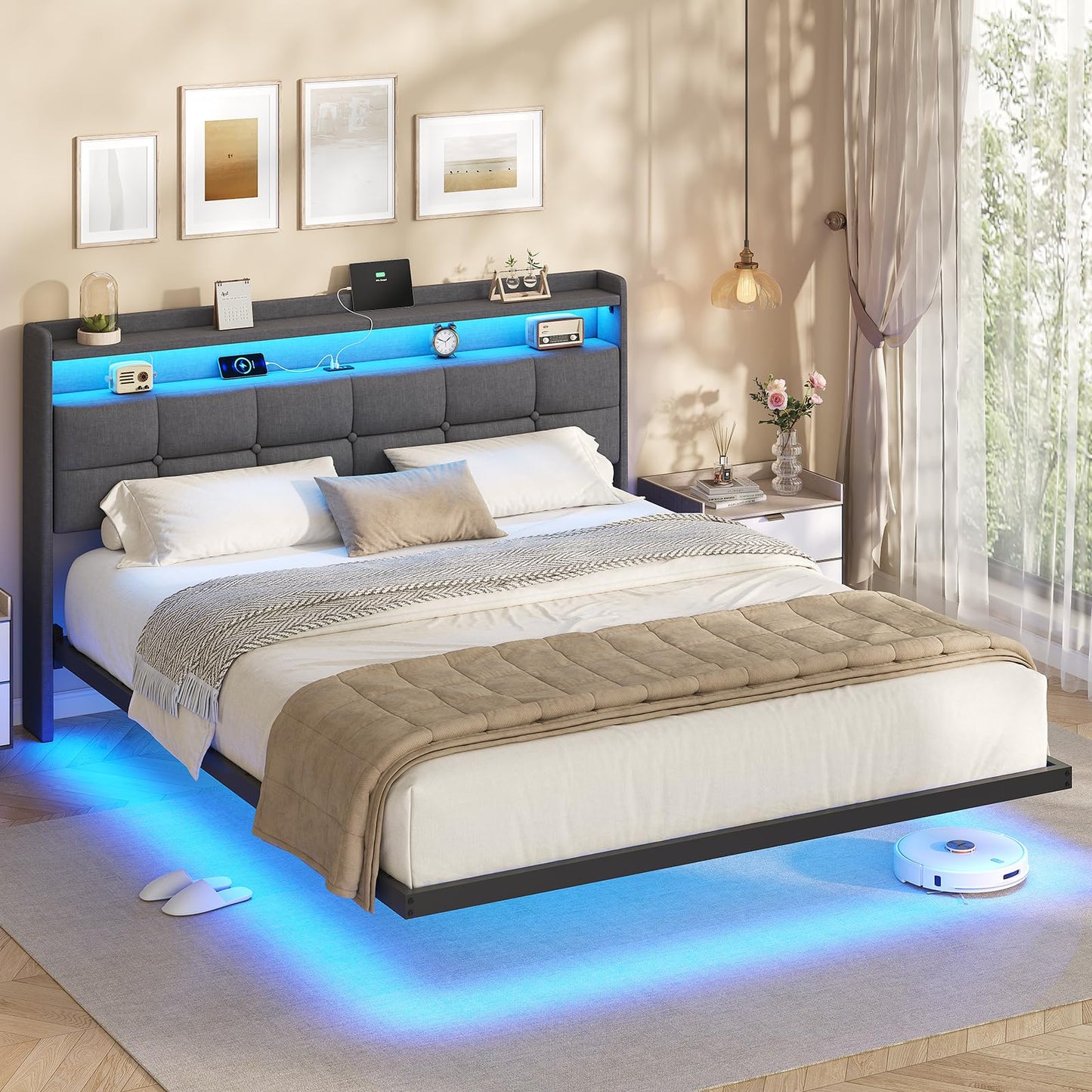 AOGLLATI Upholstered Bed 140 x 200 cm, Double Bed Frame, Bed Frame with LED Lighting and Charging Station, Bed Frame with Headboard, Bed Floating Bed Frame, Metal Bed, Linen, Dark Grey (without