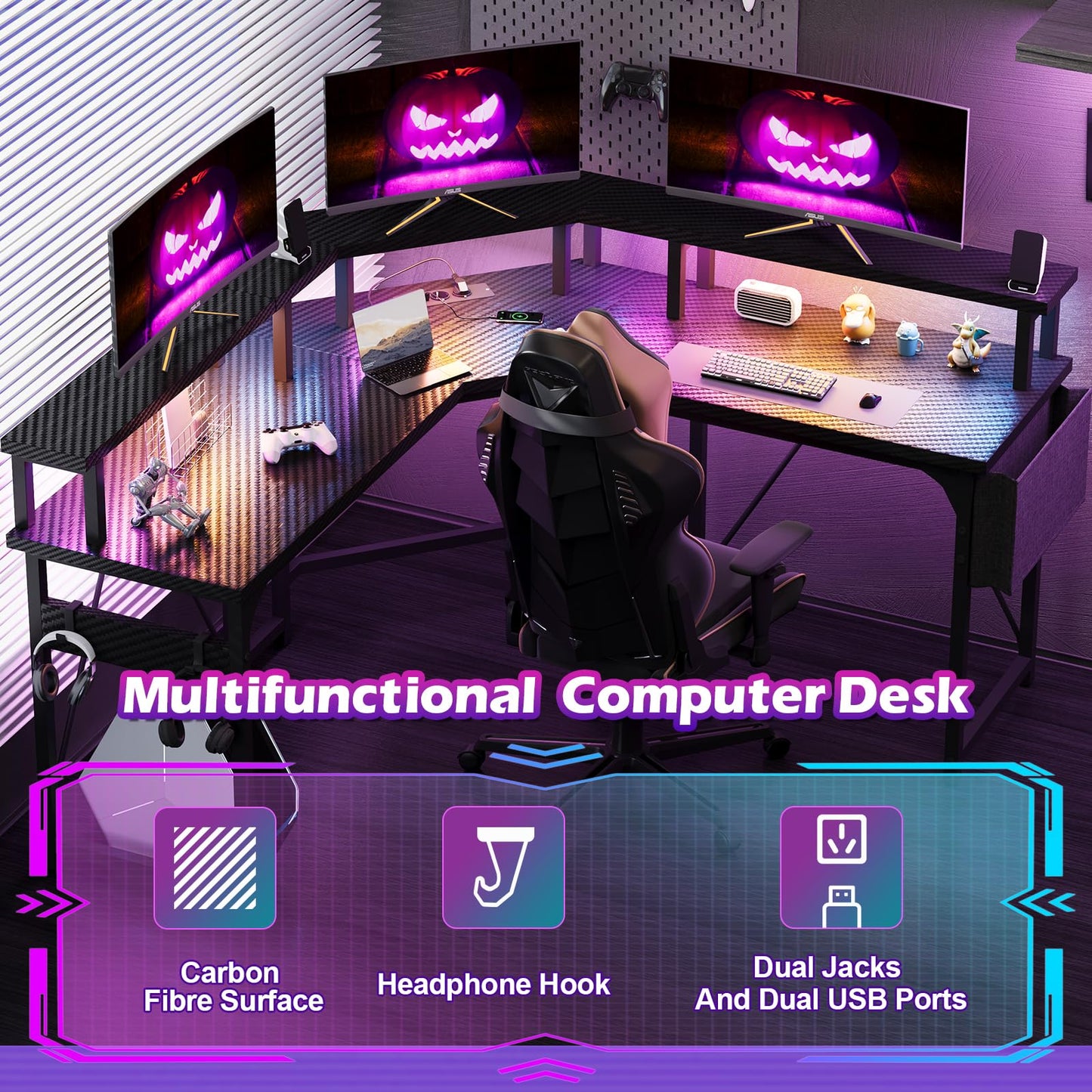 Devoko 153x153 cm Gaming Schreibtisch mit LED, groß Gaming Tisch L Form mit 2 Steckdosen und 2 USB Ladeanschluss, Eckschreibtisch PC Tisch mit großzügiger Monitorablage, Kohleschwarz