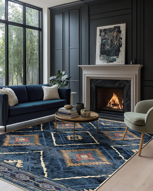 DEFYNEE Teppich Wohnzimmer 120 x 180 cm – Waschbarer Kurzflor Teppich, rutschfest, Vintage & Boho Stil, Pflegeleicht – Für Flur, Wohnzimmer, Schlafzimmer & Esszimmer, Dunkelblau