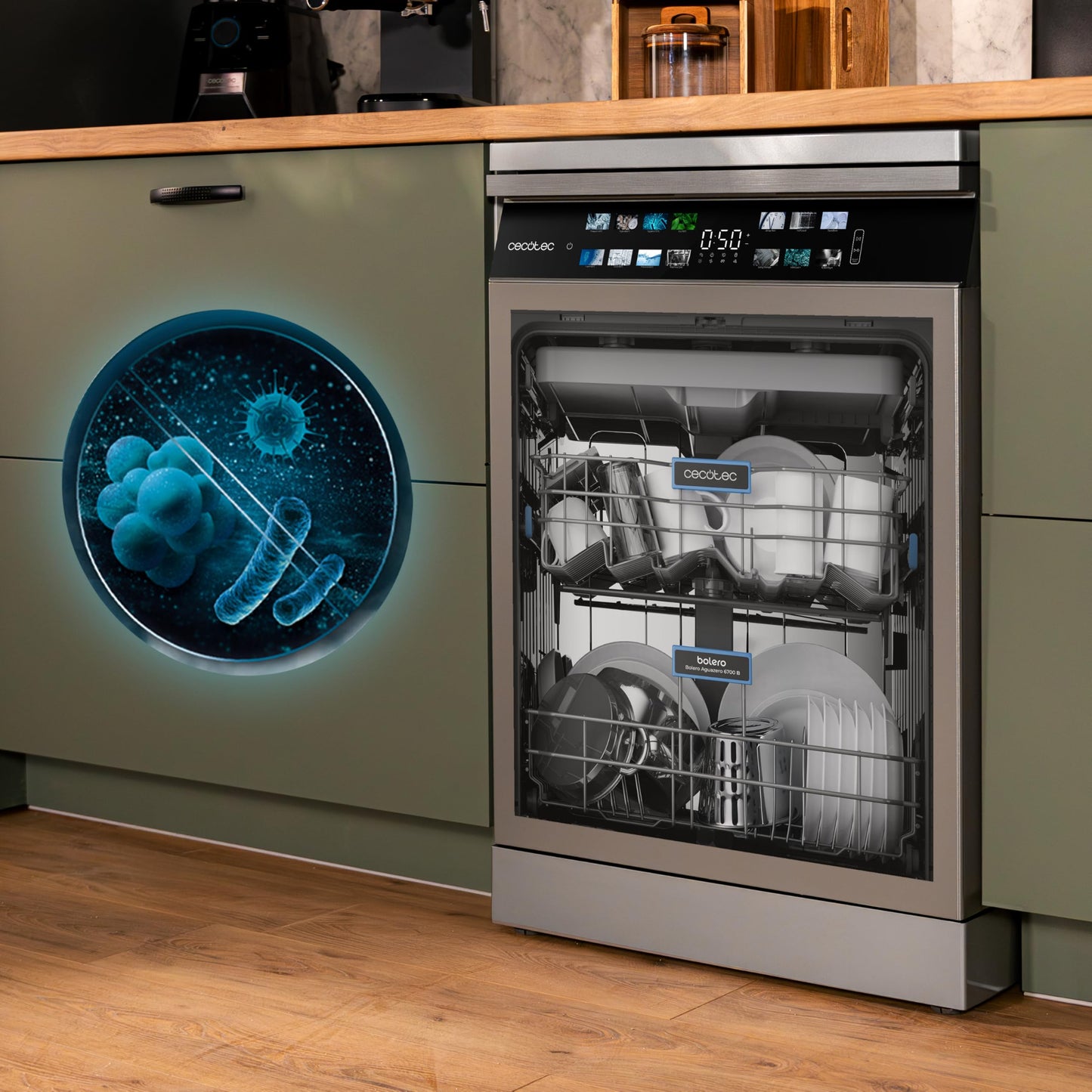 Cecotec Geschirrspüler 60 cm - Freistehend Bolero Aguazero 6210 Dark D. 15 Bestecke, energieeffizient, XXL Fullcolor Display, drittes Fach, 14 Programme, Dual Zone Wash, verstellbares Fach, Dunkel
