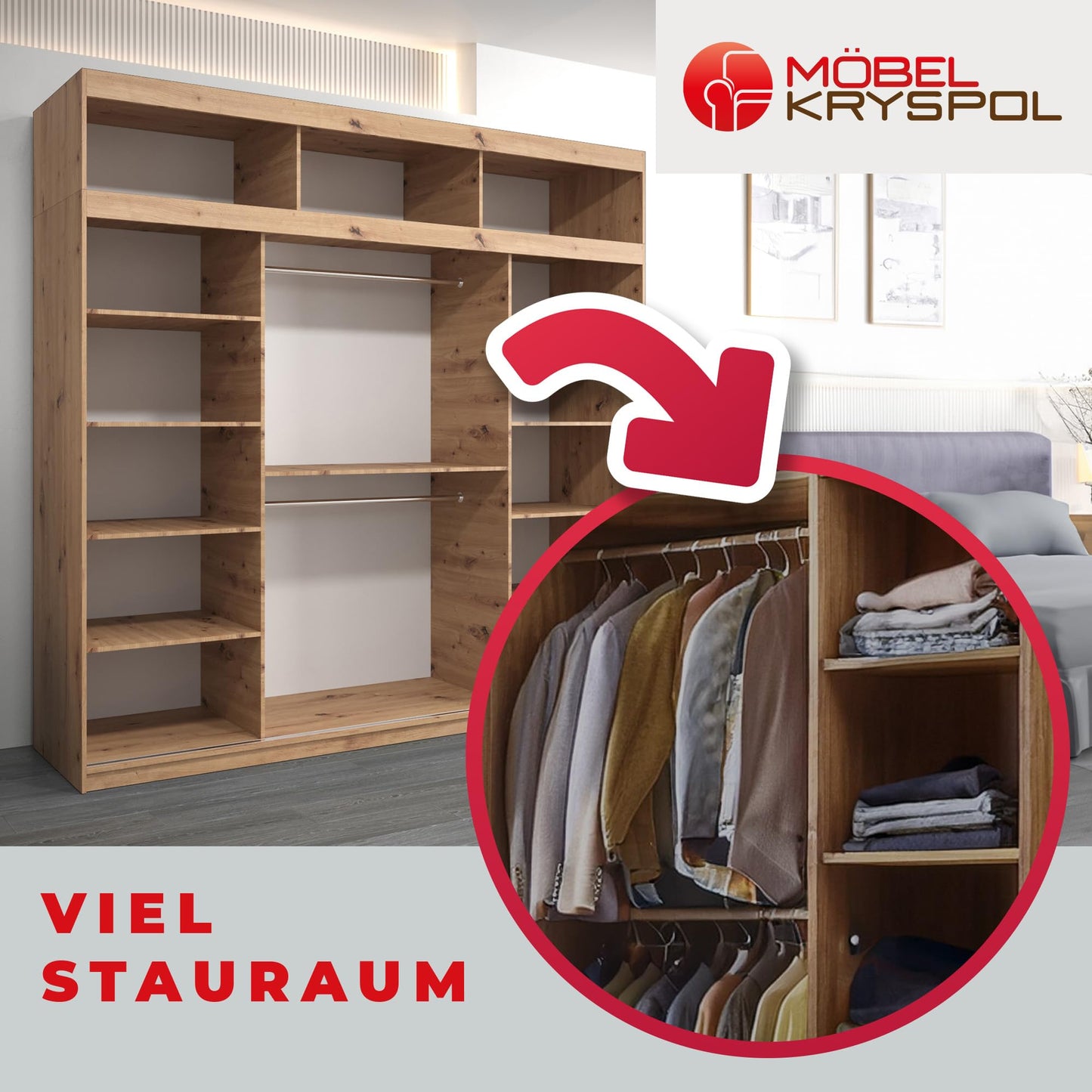 MEBLE KRYSPOL Verona 4 250 Bedroom Wardrobe Sliding Doors Cabinet with Mirror Wardrobe with Mirror Sliding Door Wardrobe Sliding Doors - 250 x 240 x 62 cm - Sonoma with Extension