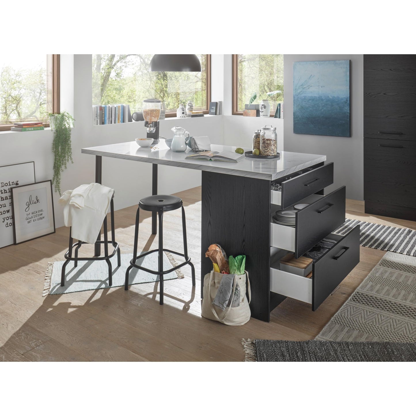 NEW YORK Moderne Küchenzeile ohne Elektrogeräte in Graphit Schwarz, Marmor Optik FSC-zertifiziert - Geräumige Einbauküche mit viel Stauraum - 320 x 210 x 60 cm (B/H/T)