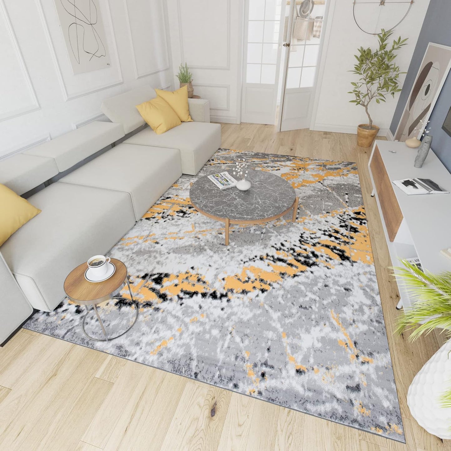 Mazovia Modern Rug, Short Pile, Oeko-Tex Rug for Living Room, Bedroom, Dining Room, Robust and Easy to Clean, Low Pile Height, Grey Yellow, 250 x 350 cm