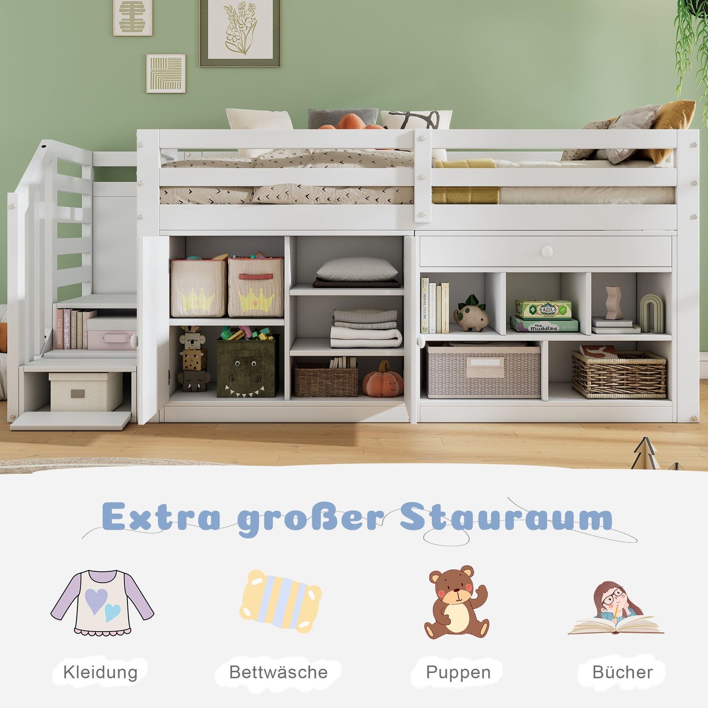 Merax Kinderbett 90x200 cm aus Holz, Multifunktionales Hochbett mit austauschbarer Treppe & Stauraum, Schubladen als Schreibtisch nutzbar, Weiß (Ohne Matratze)