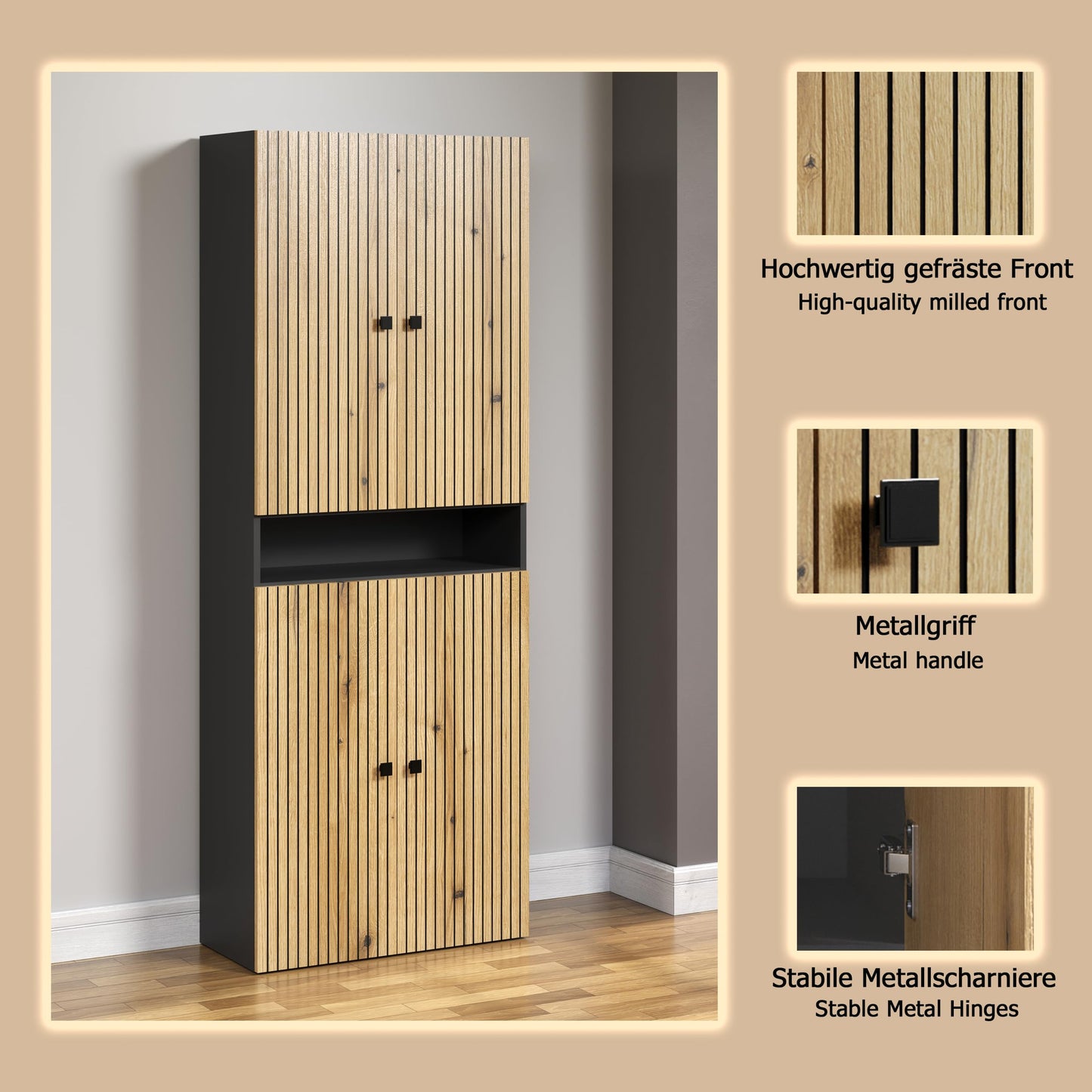 trendteam smart living - PureBliss - Hochschrank - Eiche - Badezimmerschrank in moderner Rillenoptik - edle Metallgriffe - (BxHxT) 40 x 186 x 31 cm - 2 praktische Einlegeböden - kratzfest