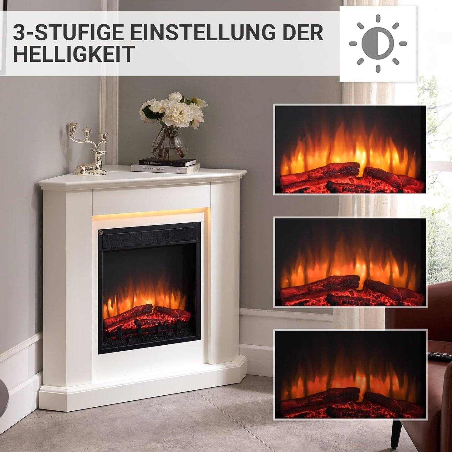 BALDERIA Elektrokamin Candela | Elektrischer Eckkamin mit 3D-Flammeneffekt | Elektro Heizung 2000W, LED-Beleuchtung, Fernbedienung, Timer & Thermostat | Weiß