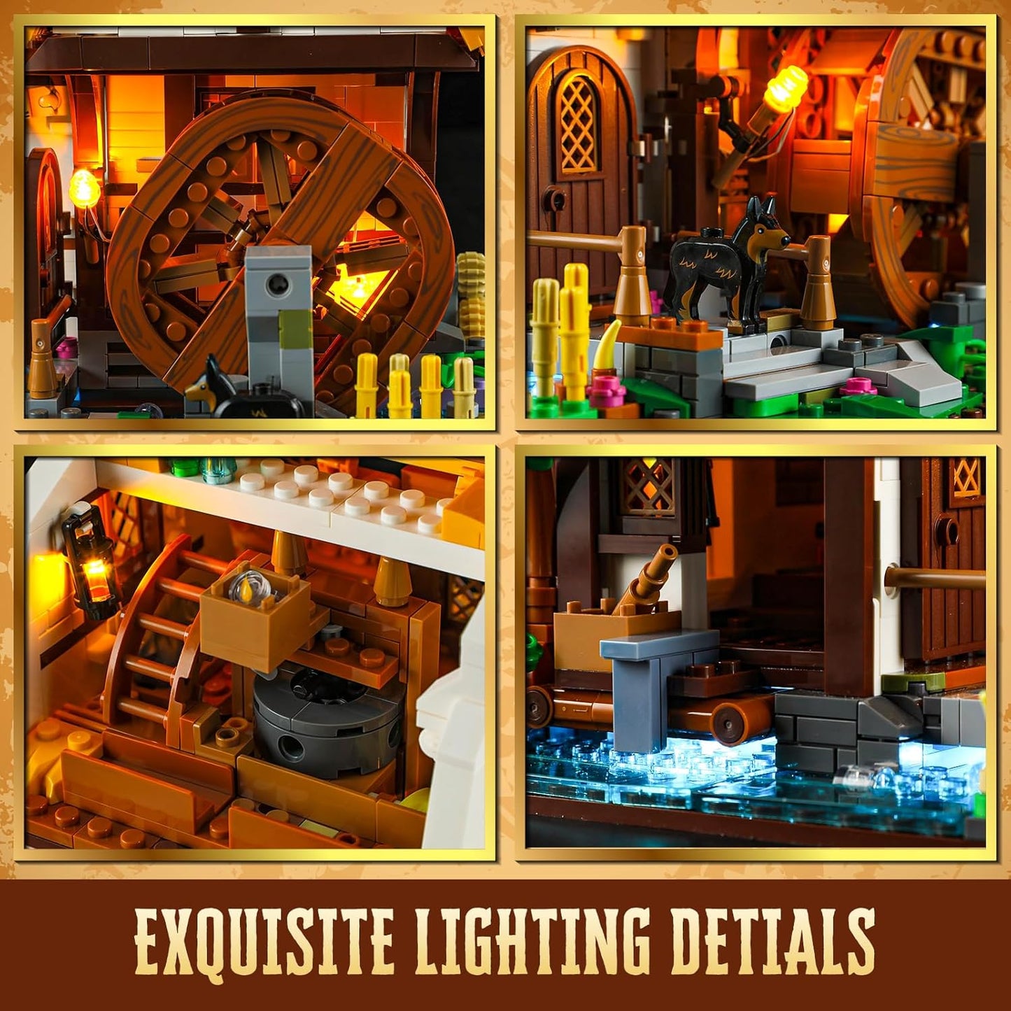FUNWHOLE Mittelalter-Mühle Beleuchtungsstein-Set – Bewegliche Mühle mit Wasserad und Beleuchtung, 1278 Teile, Sammlerstück für Mittelalter-Fans
