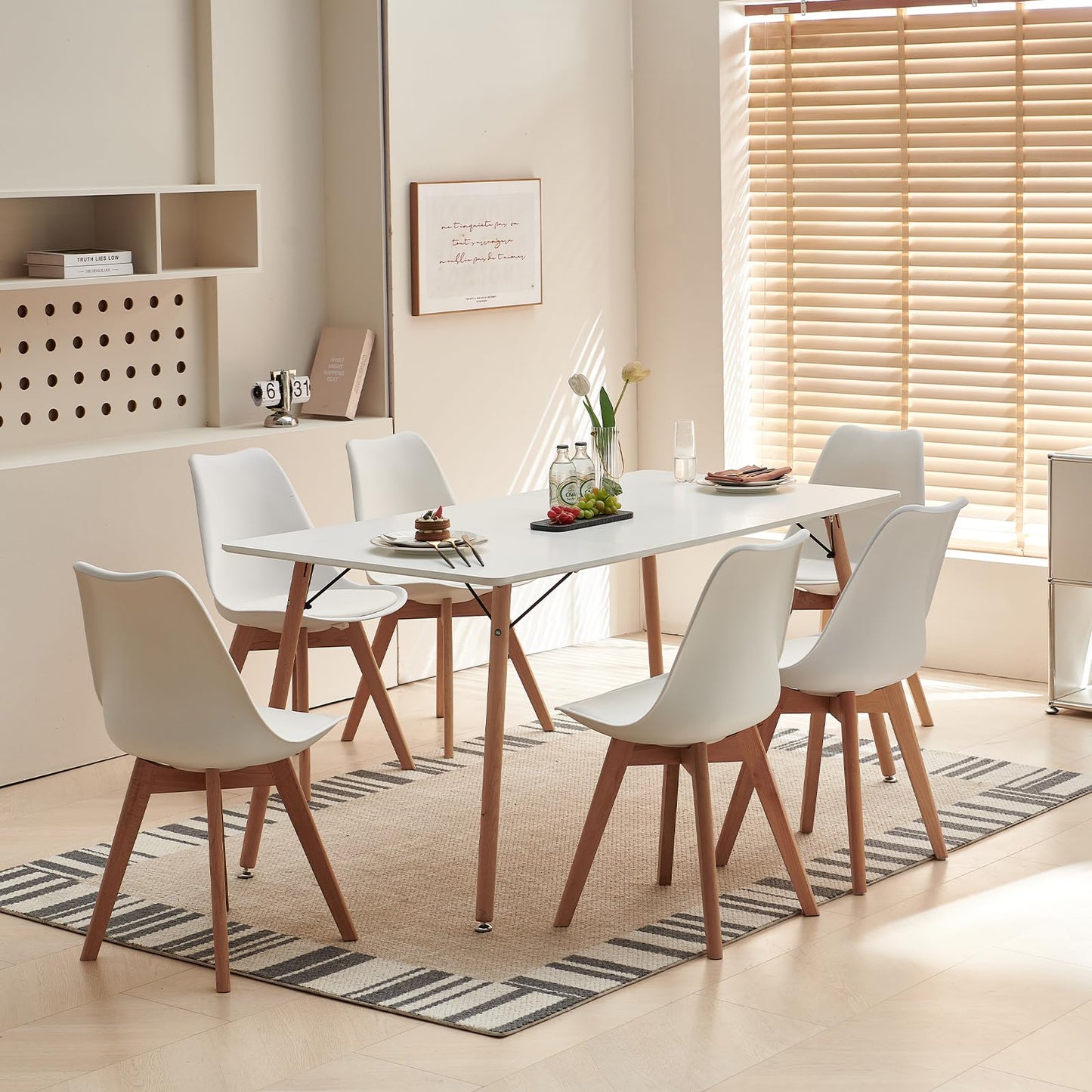 H.J WeDoo Esszimmergruppe mit 4 Essstühlen, Rechteckig Esstisch und Stühle für Esszimmer, Küche, Wohnzimmer, Weißer Esstisch und Graue Stühle