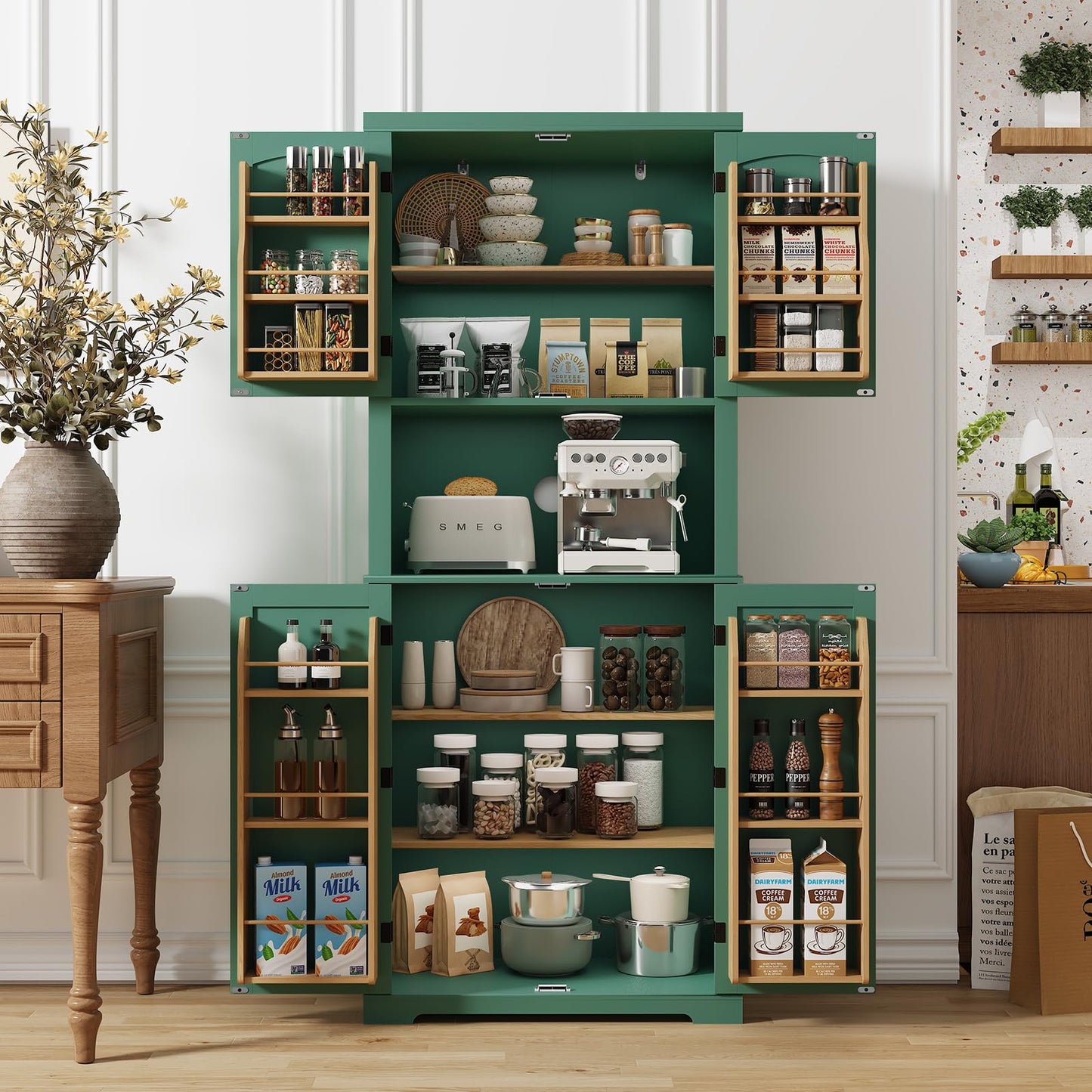 HOLTICO Küchenschrank mit Arbeitsplatte, Hochschrank Küchenbuffet Buffetschrank, Esszimmerschrank, Speisekammer mit Türen und Regalen für Esszimmer, Wohnzimmer, Waschküche,Schwarz