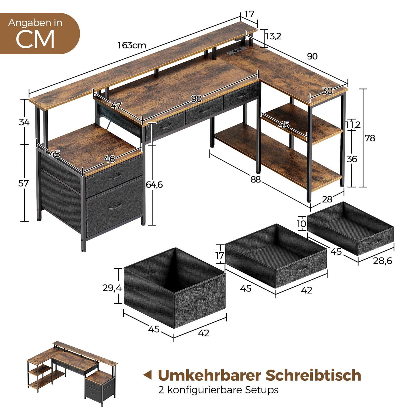 Seventable Schreibtisch L Form, Computertisch mit Steckdose, LED & Monitorständer, Reversibel Eckschreibtisch mit Schubladen, perfekt für Schlafzimmer Büro Wohnzimmer