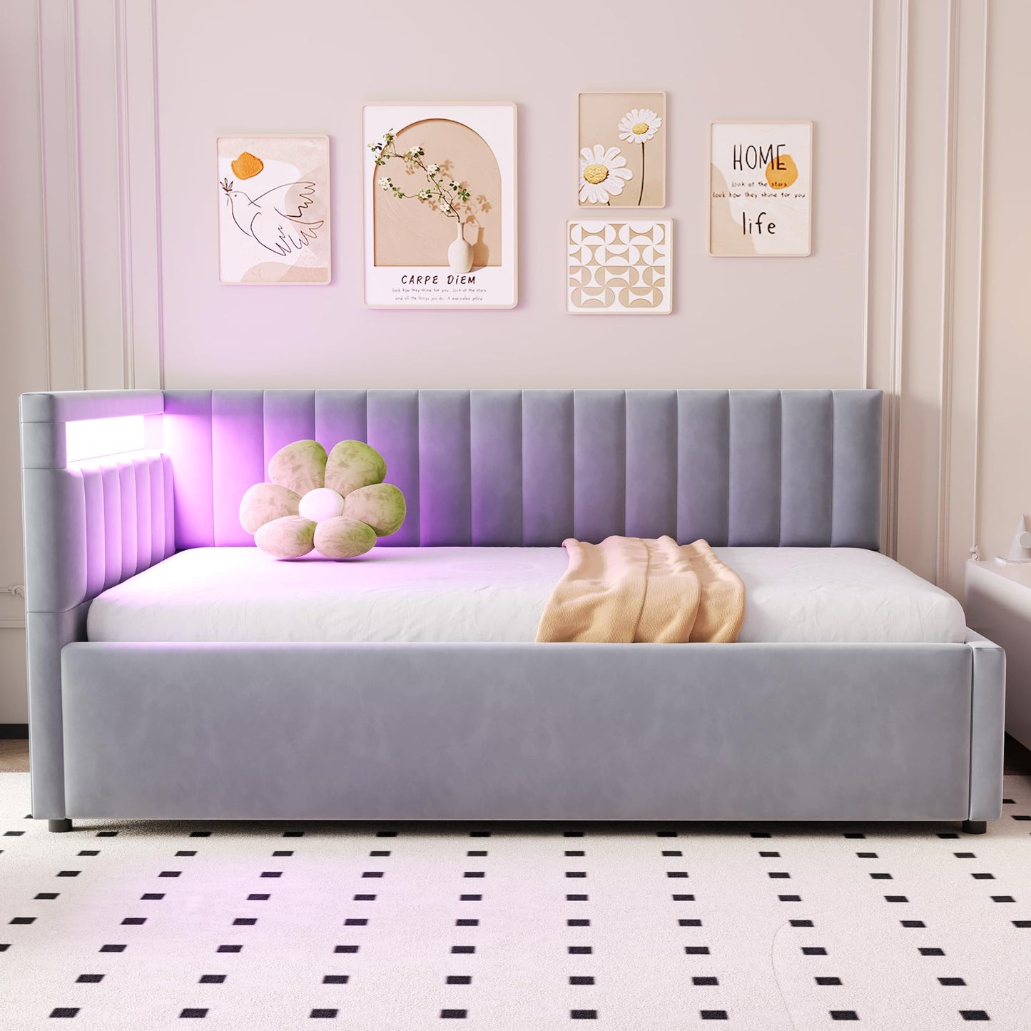 KEYIDE Upholstered Sofa Bed, 140 x 200 cm with LED Lighting and USB Charging, Bed Frame with Wooden Slatted Frame, Day Bed, Guest Bed, Youth Bed, Velvet Fabric, Without Mattress (Grey, 140 x 200)