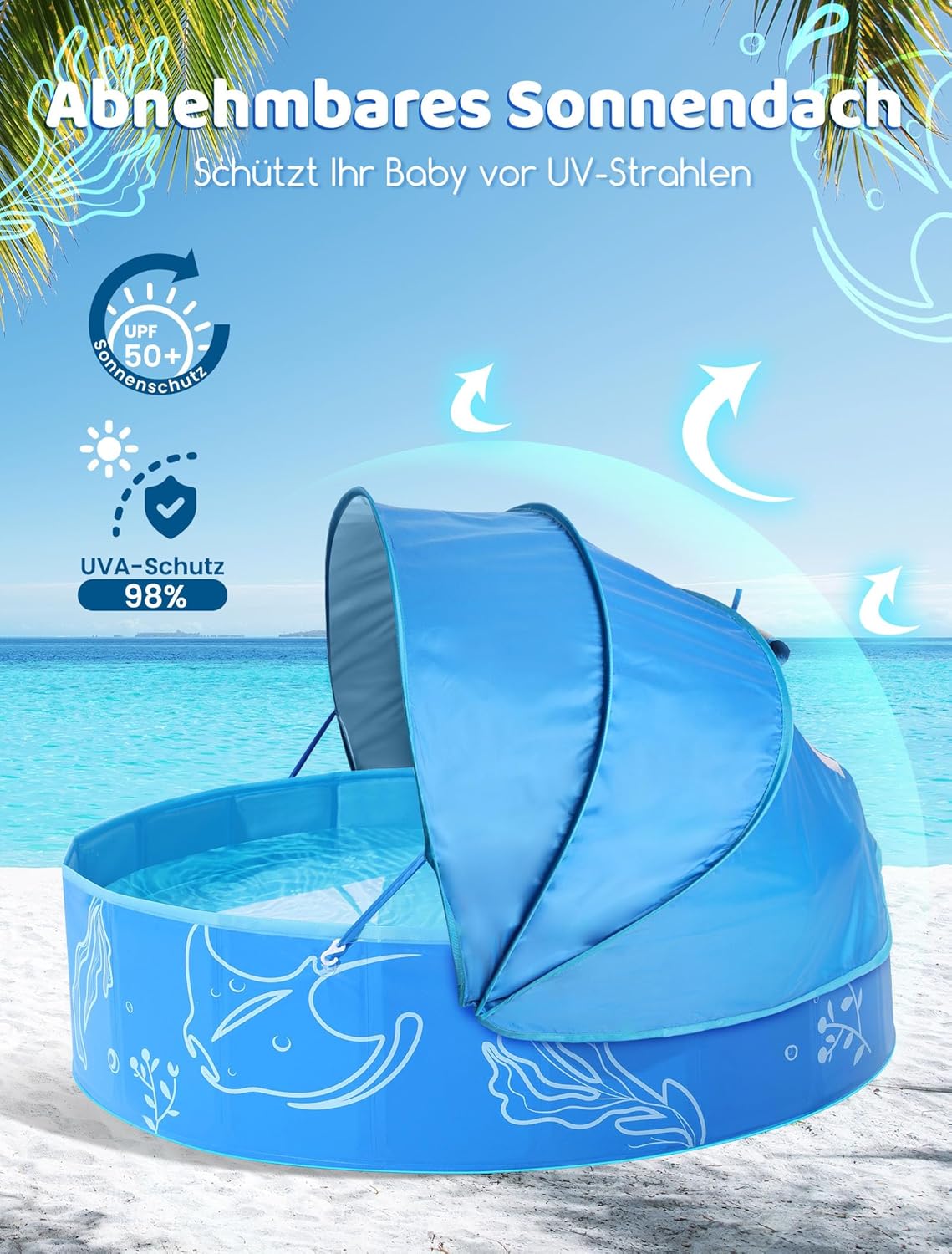 Hikiddy Schattiges Planschbecken für Kinder: 119,4 cm Pop-Up-Babypool mit Schatten für Sommer, Strand, Garten, Badespielzeug, Blau