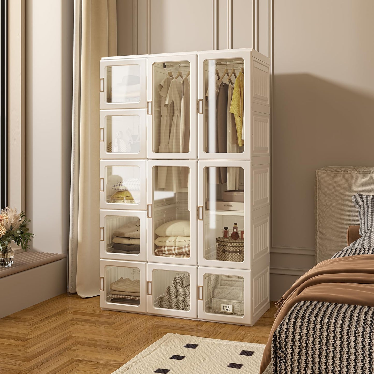 MAYIBOX Foldable Wardrobe, 104 x 170 x 50 cm, Quick Assembly, Versatile Wardrobe with Clothes Rail and Magnetic Doors, Perfect for Bedroom and Living Room, Brown Transparent Door Plate