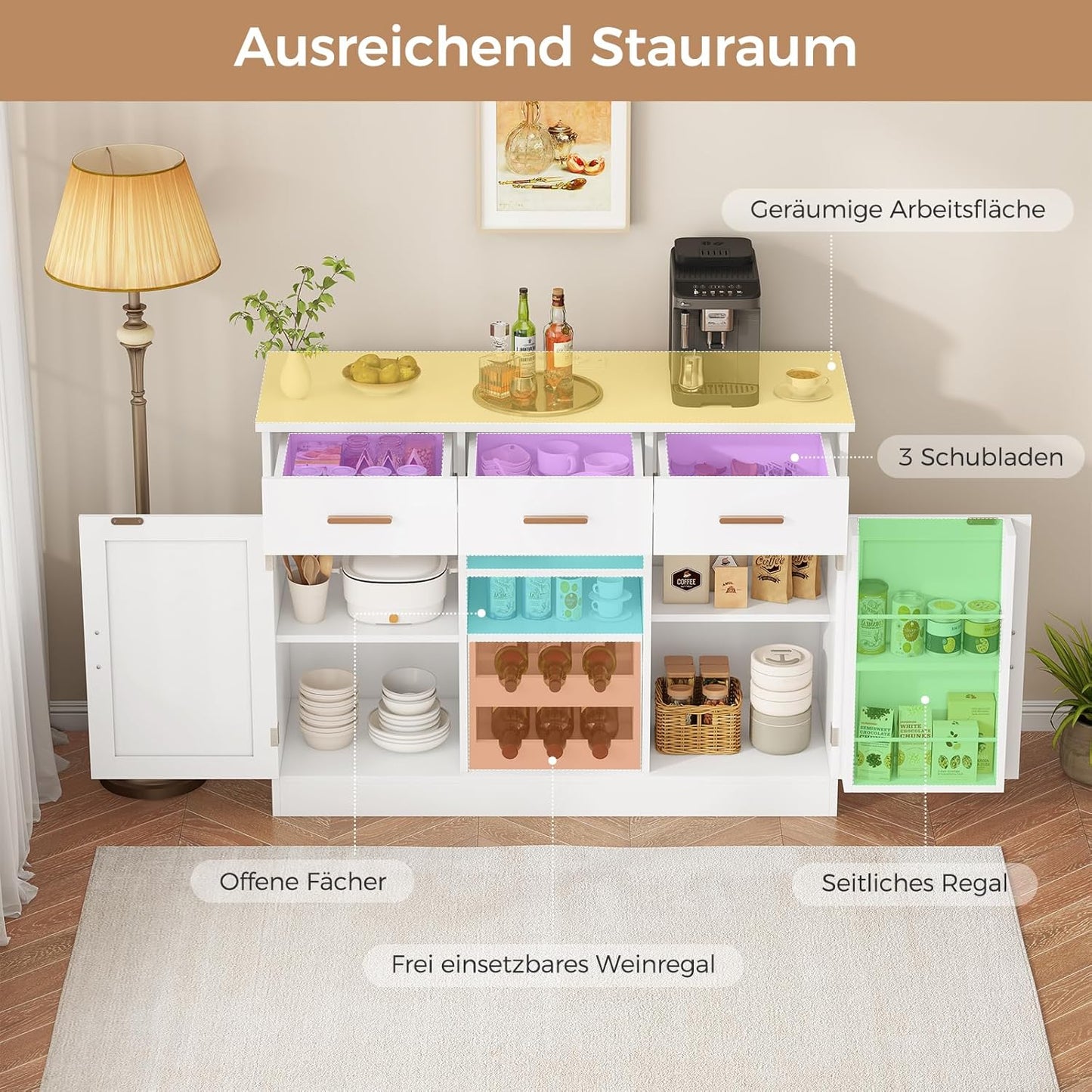 Küchenschrank mit Arbeitsfläche, Buffetschrank mit 3 Schubladen, Sideboard mit Steckdose, Flexibles Weinregal, Seitliches Ablagefach, Verstellbare Ablagen, Küche, Esszimmer, 40X107X80 cm, Weiß