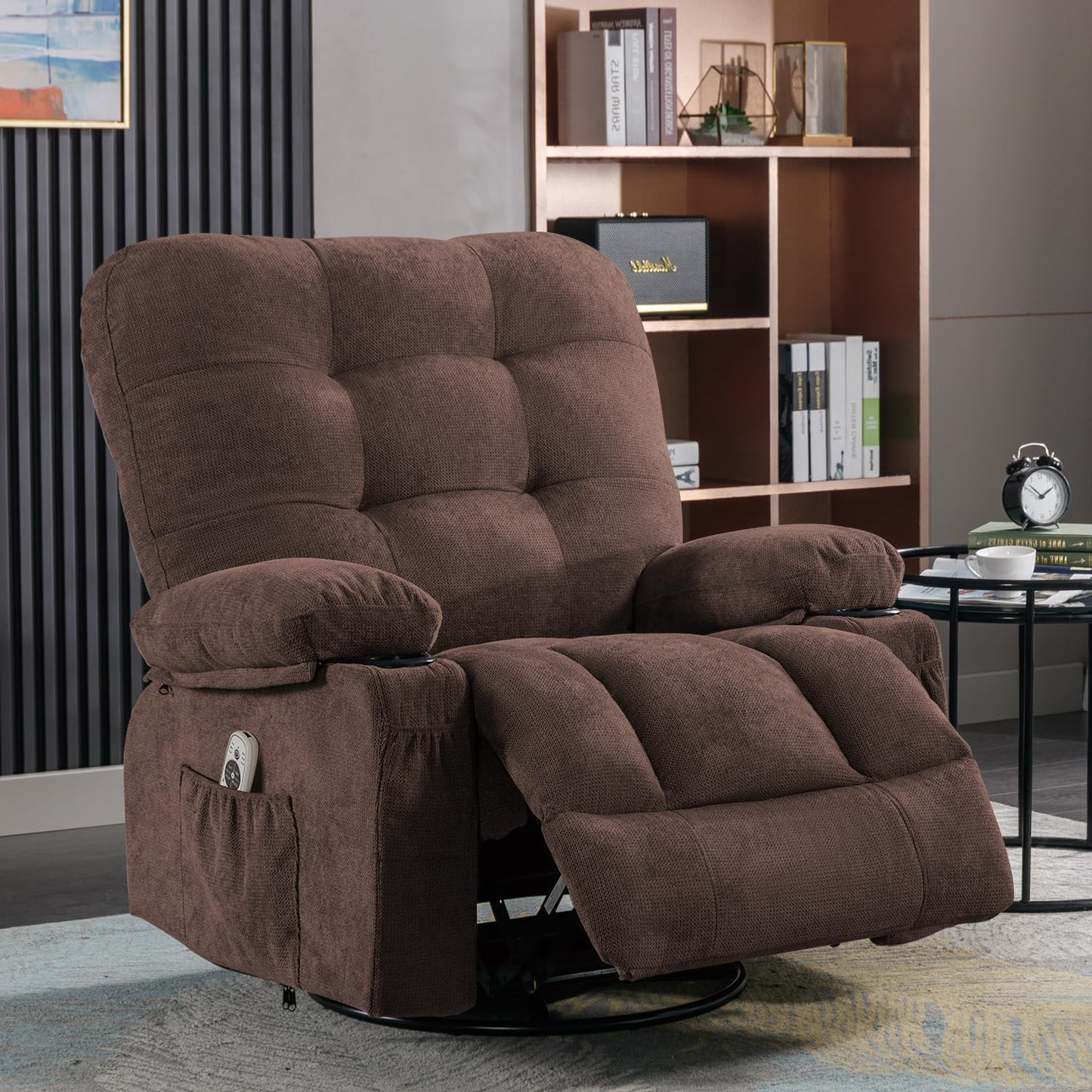 Bosmiller Relaxsessel mit Liegefunktion Massagesessel Oversize Fernsehsessel 360°Drehbarer Liegesessel Heizung Verstellbar Sessel Stoff