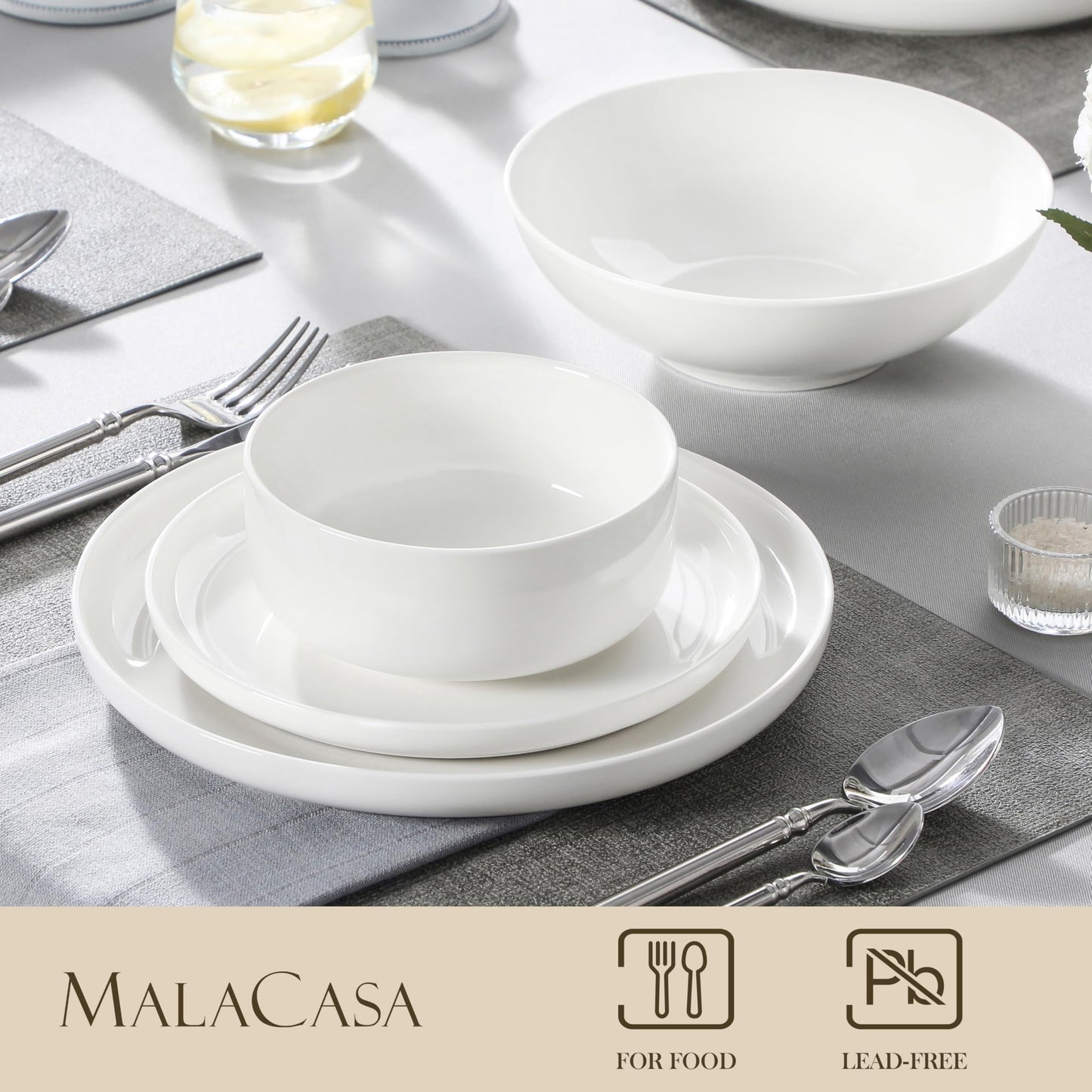 MALACASA Geschirrset 6 Personen, LUNA 24-tlg Tafelservice aus Weißem Porzellan, Modernes Geschirr Set mit je 6 Speiseteller, Dessertteller, Suppenteller und Müslischalen