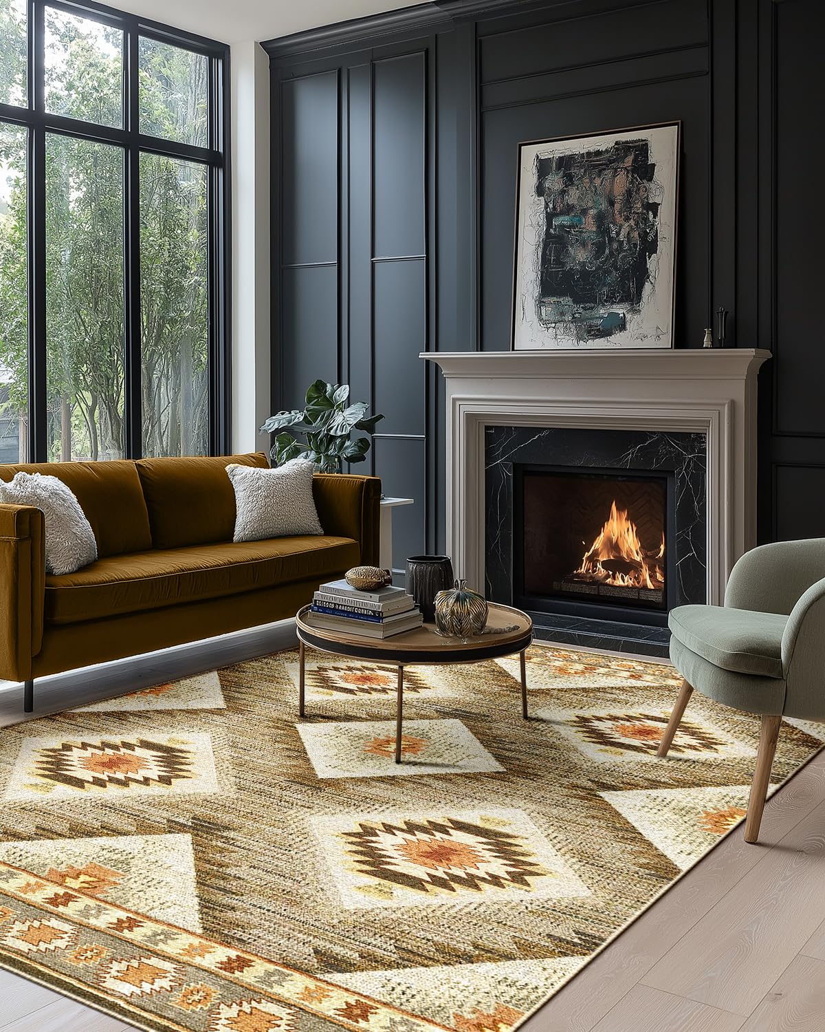 DEFYNEE Teppich Wohnzimmer 120 x 180 cm – Waschbarer Kurzflor Teppich, rutschfest, Vintage & Boho Stil, Pflegeleicht – Für Flur, Wohnzimmer, Schlafzimmer & Esszimmer, Dunkelblau
