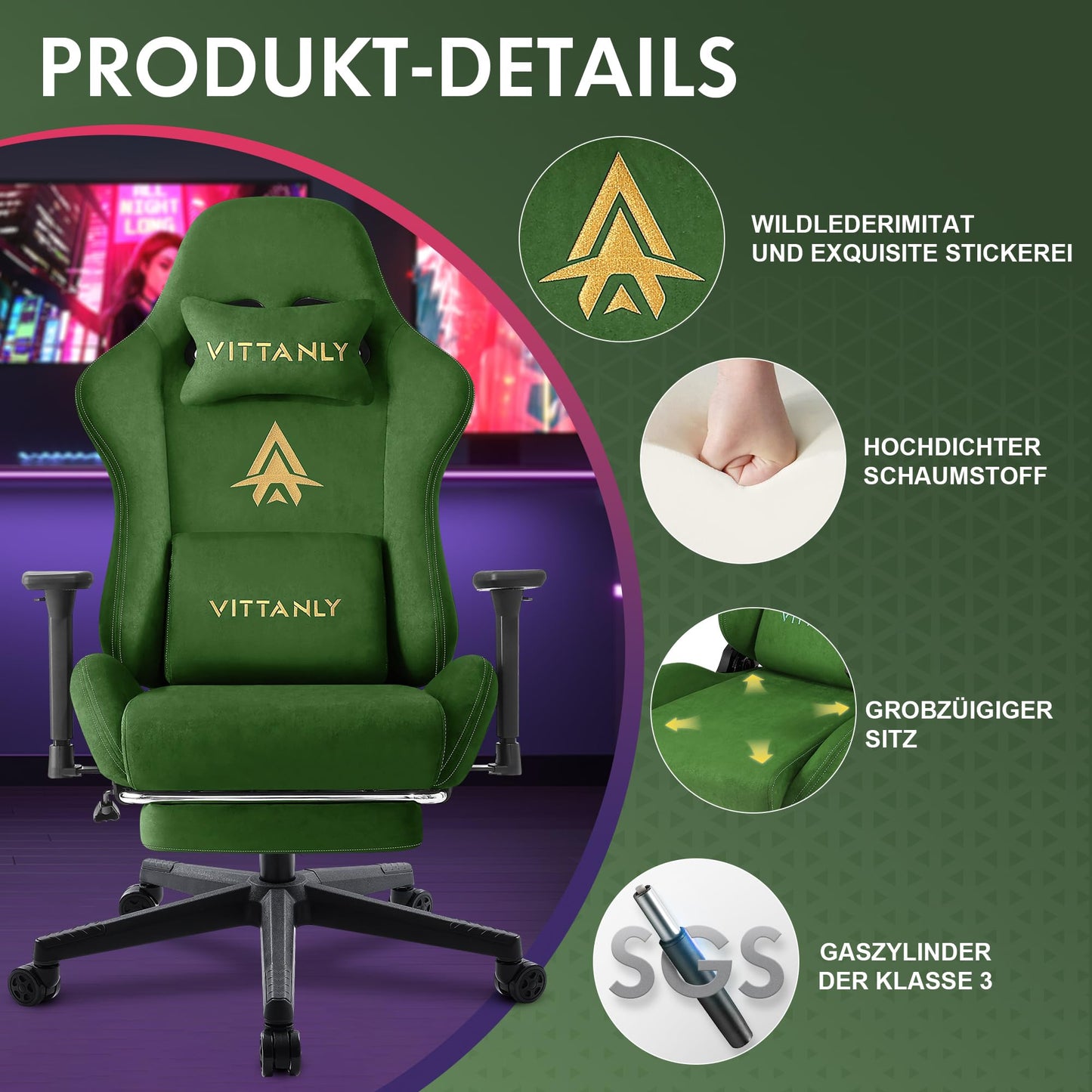 Vittanly Gaming Stuhl, Luxuriöser Wildlederimitat Gaming Chair Bürostuhl, Ergonomischer Schreibtischstuhl mit Fußstütze Kopfstütze und Lendenkissen, 3D Armlehnen, 90-155° Rückenlehne, Weinrot