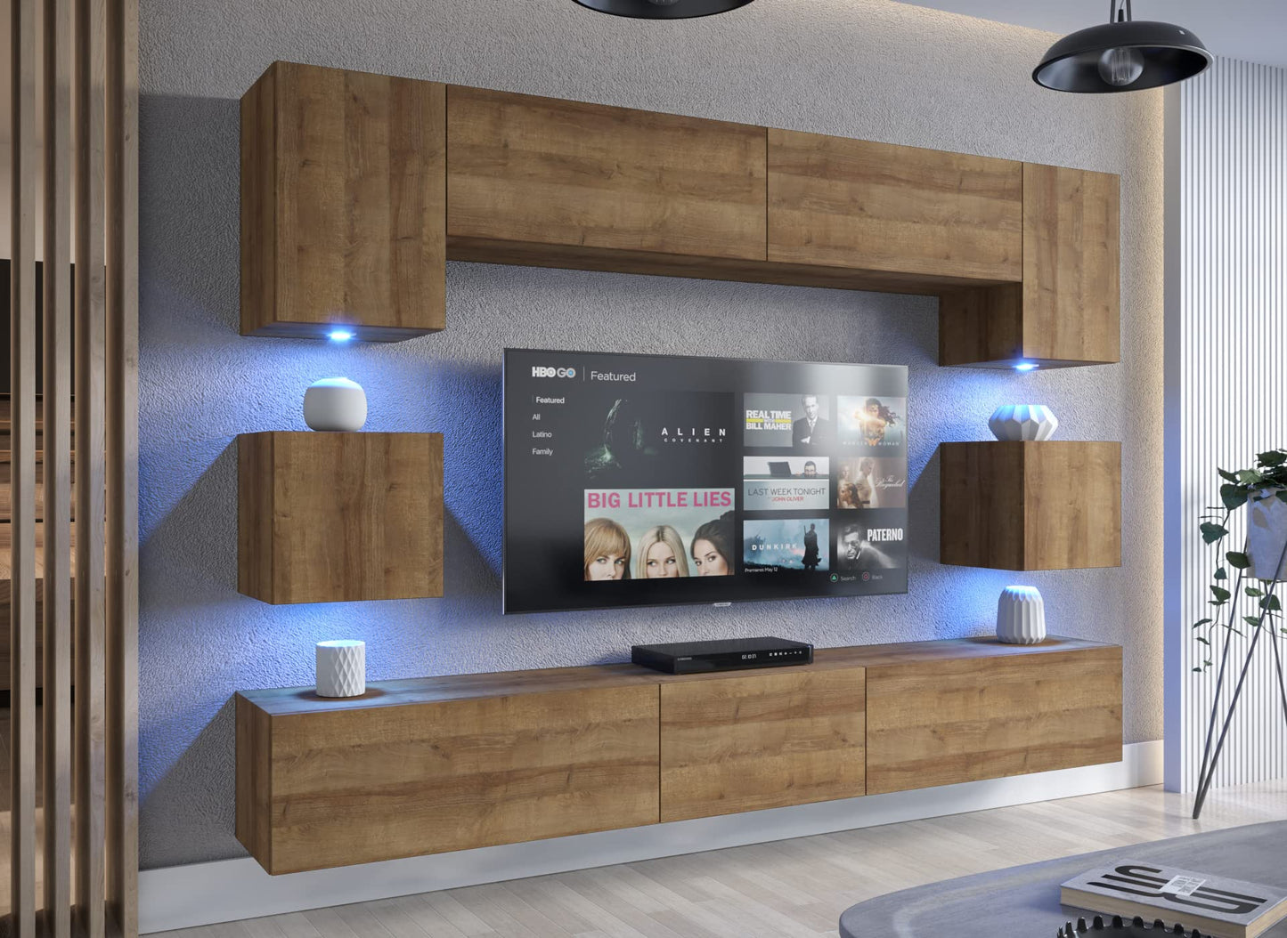 Furnitech Living Room Wall Unit | Hanging Living Room Wall Unit Modern | Living Room Cabinet Wall with Shelves and TV Cabinet | Living Room Furniture without LED (Nowara AN1-17S-M50 1A)