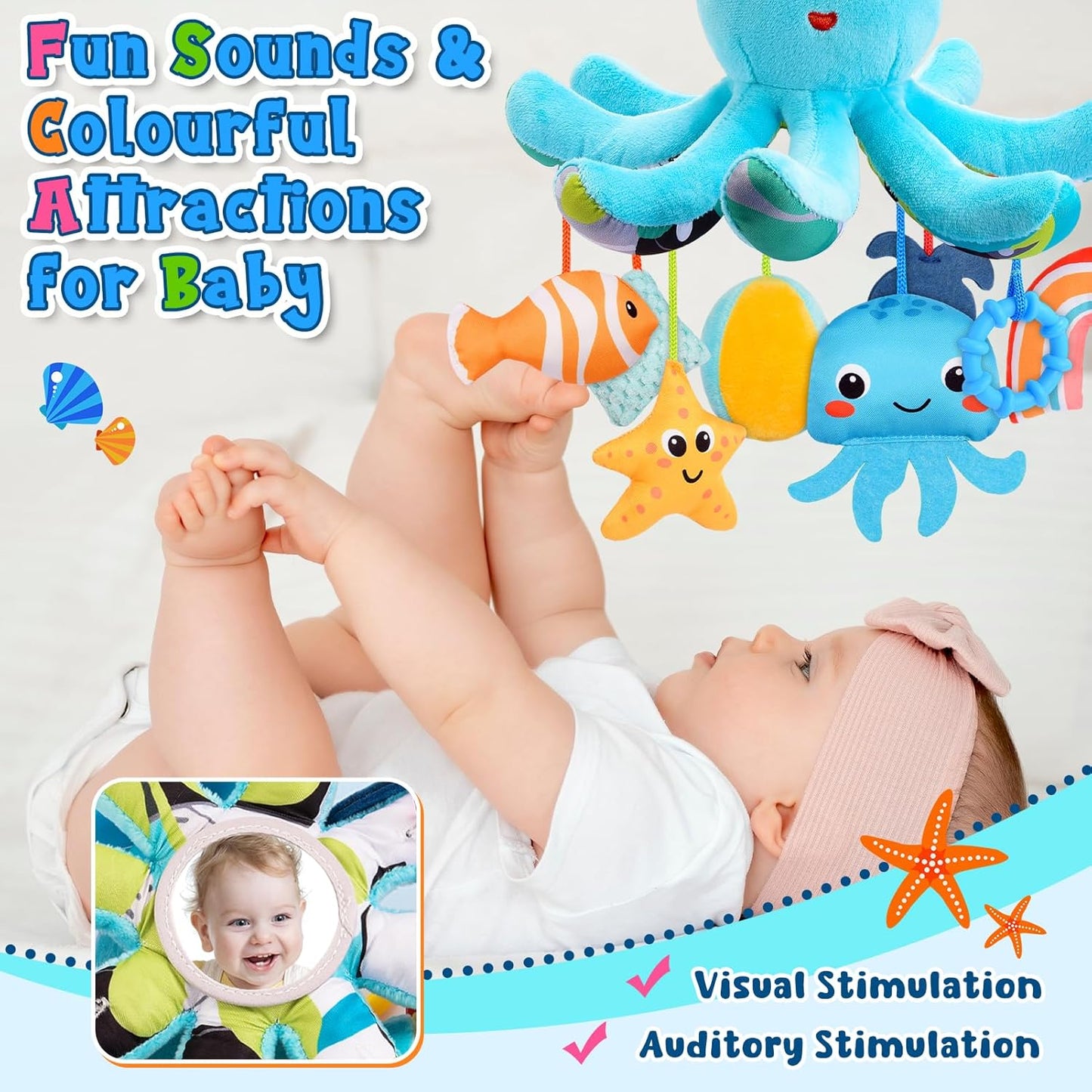 HappyKidsClub Plush Octopus Baby Toy 0-18 Months - with 8 Hanging Sensory Toys & Mirror - Baby Montessori Motor Skills Toy for Pram, Cot (Washable, Organic Cotton)