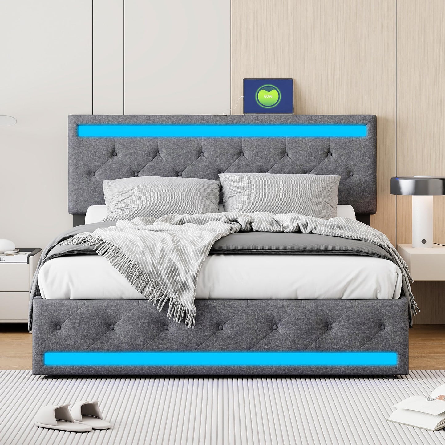 KeepGoon Doppelbett 140 x 200 cm,Polsterbett mit LED-Leuchten, 4 Eisenschubladen und einem USB Ladeanschluss,Stauraumbetten Bettgestell,Leinenstoff (Beige)