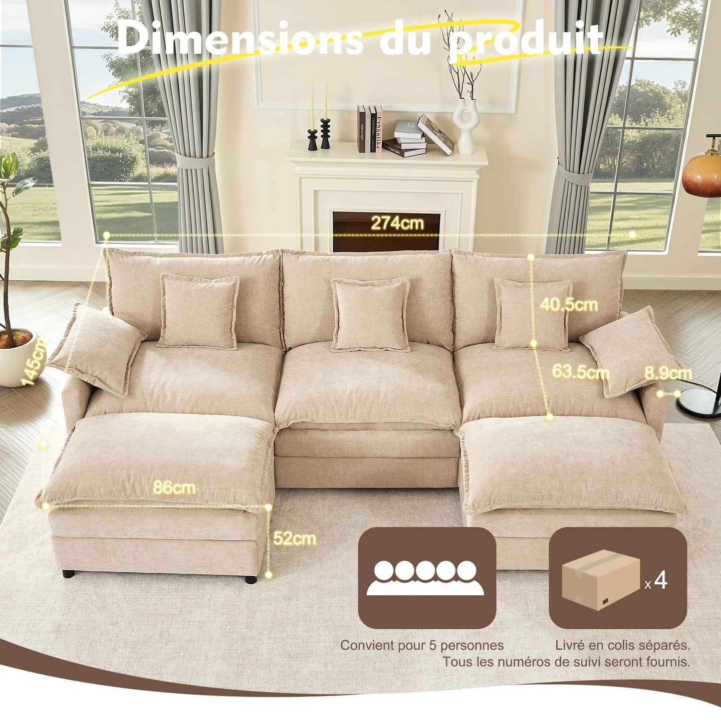 Litbird U-förmiges modulares Sofa 3-Sitzer Ecksofa mit Hocker, tiefes Sitzdesign, Cloud Couch für Wohnzimmer(Hellbraun)
