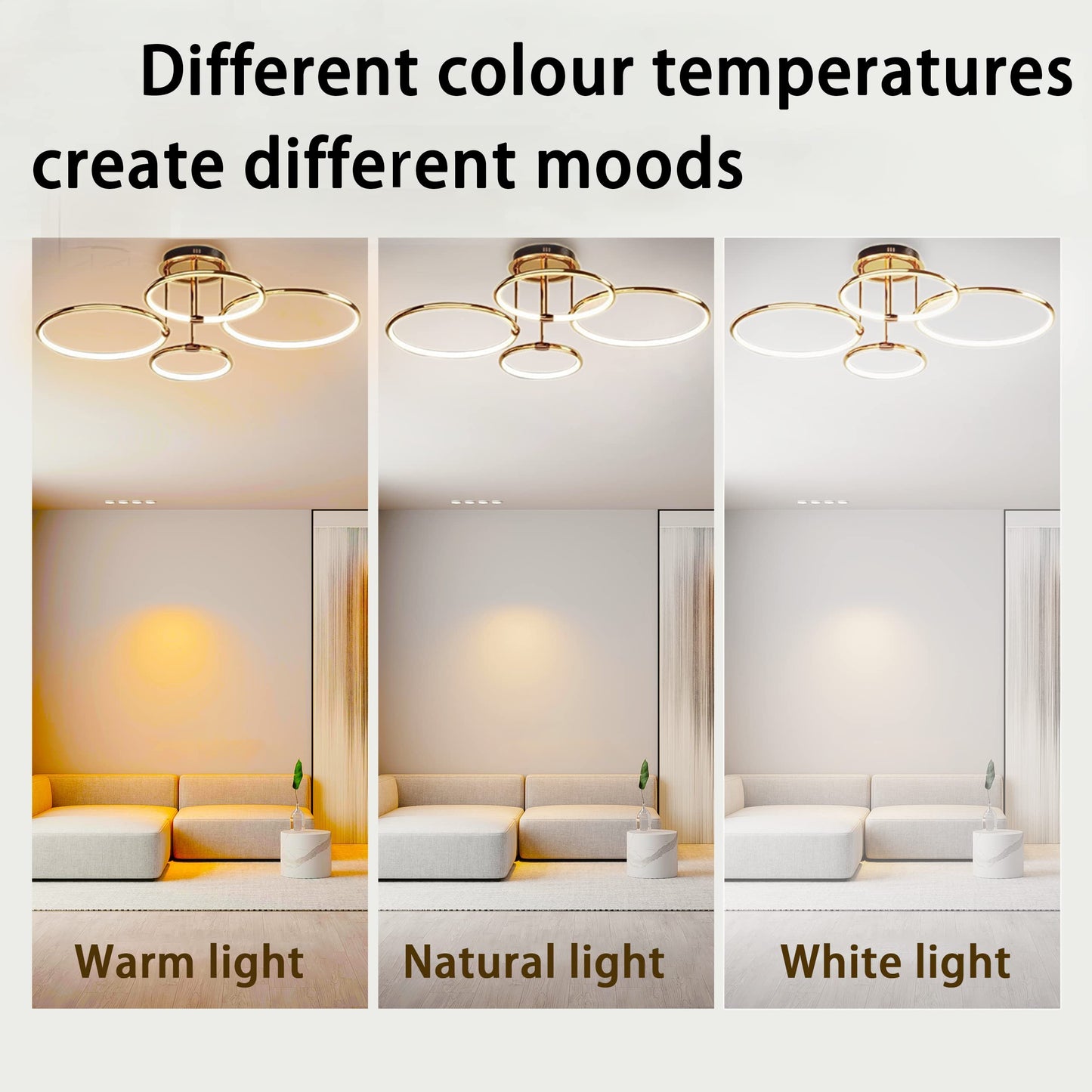 LED Deckenleuchte Modern Design Deckenlampen Gold 5-Ring Lampen Dimmbar Wohnzimmerlampe mit Fernbedienung, Aluminium Led Beleuchtung für Wohnzimmer Schlafzimmer Küche Esszimmer Büro 93cm, 108W…