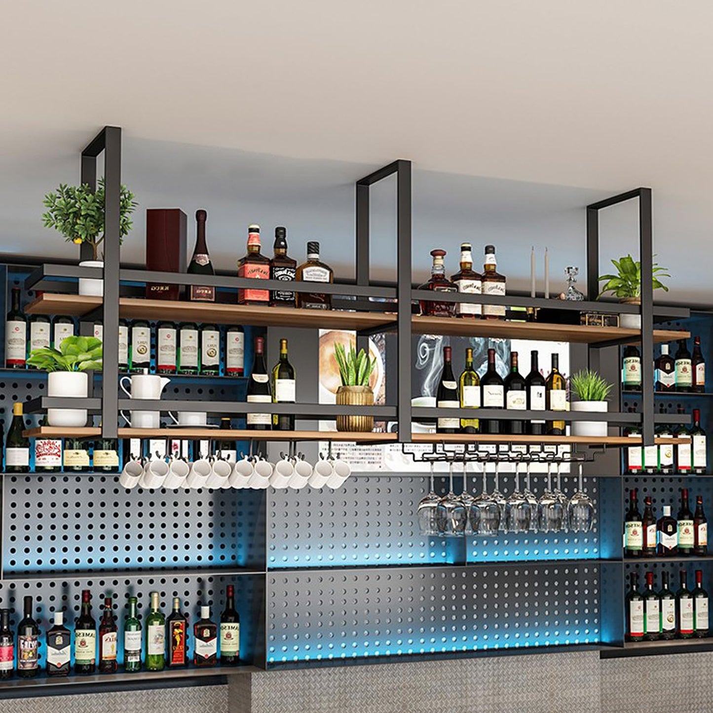 Ceiling Shelf Wine Rack - Ceiling Shelf Hanging Metal Wine Glass Rack, 2-Layer Industrial Hanging Wine Bottle Holder with Glass Shelf for Stemware, for Bar, Cafe, Kitchen (Black, 100 x 30 x 80 cm)