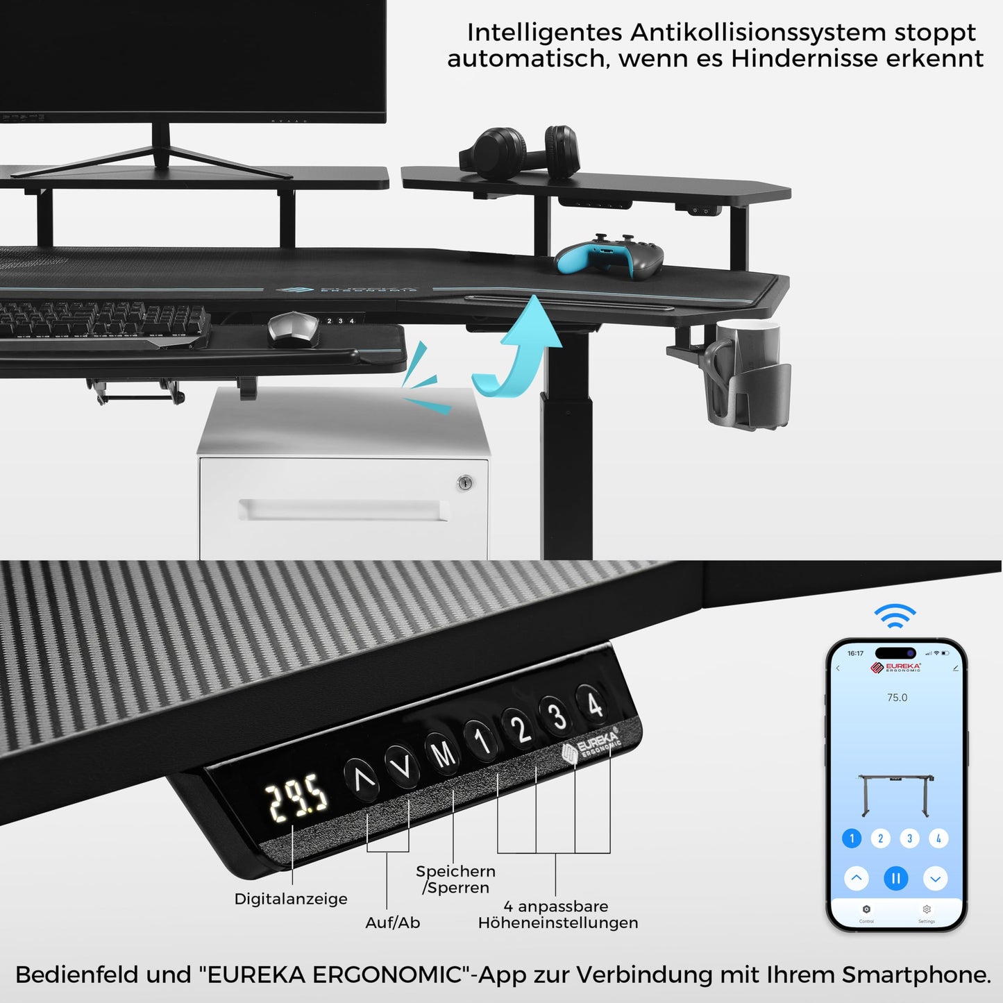 EUREKA ERGONOMIC Height Adjustable Desk 182 x 76 cm Standing Desk in Wing Shape Gaming Table Height Adjustable Electric Large Gaming Desk with LED Monitor Stand and Keyboard Shelf