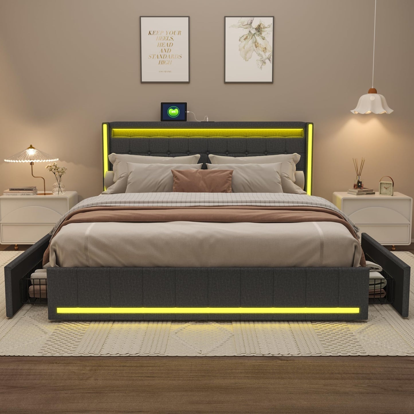 KeepGoon Doppelbett 140 x 200 cm,Polsterbett mit LED-Leuchten, 4 Eisenschubladen und einem USB Ladeanschluss,Stauraumbetten Bettgestell,Leinenstoff (Beige)