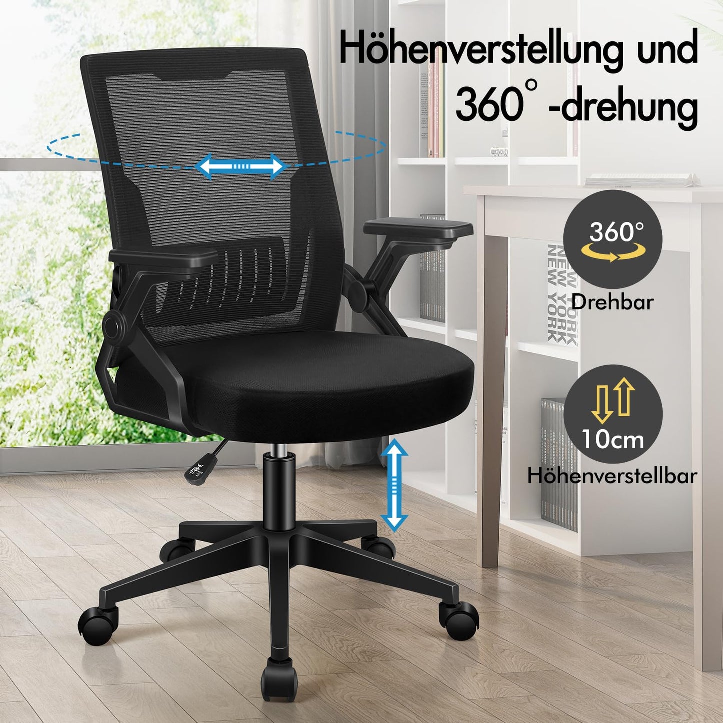 ALFORDSON Bürostuhl, Lendenstütze, Atmungsaktives Netz und Stoff, Hochklappbare/Verstellbare Armlehnen, Hochwertiger Schaumstoff, 180kg für Zuhause & Gaming, Wale, Schwarz
