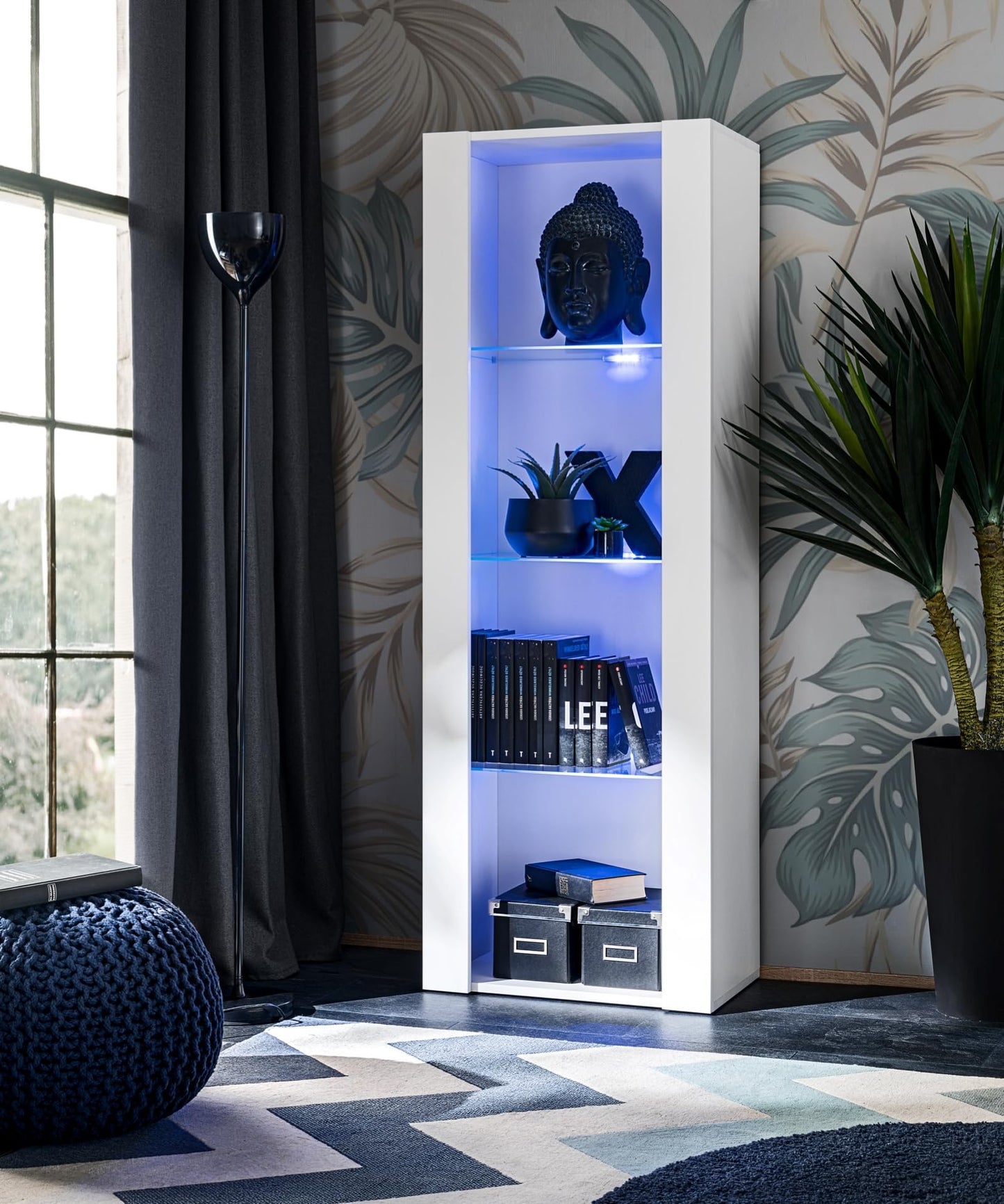 Komodee Tivoli Medio Wall Unit Living Room Set, Black/Black, Width 245 cm x Height 159 cm x Depth 35 cm, LED Blue, for Living Room, Bedroom