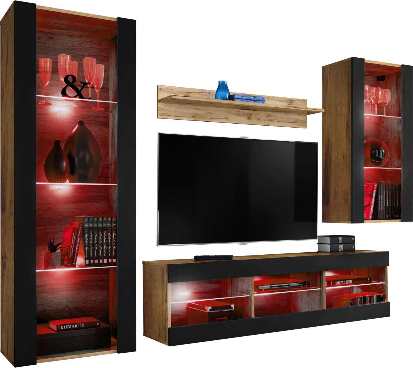 Komodee Tivoli Medio Wall Unit Living Room Set, Black/Black, Width 245 cm x Height 159 cm x Depth 35 cm, LED Blue, for Living Room, Bedroom
