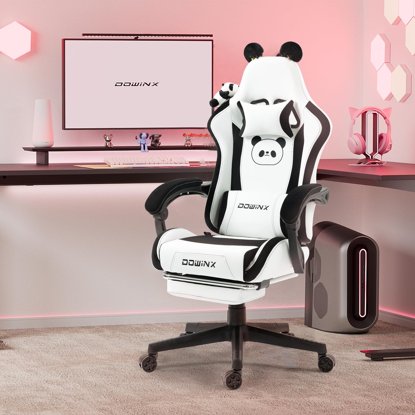 Dowinx Gaming Chair - Cute Cat Edition - Ergonomic Computer Chair with High Back and Lumbar Support, PU Leather, Footrest, Black