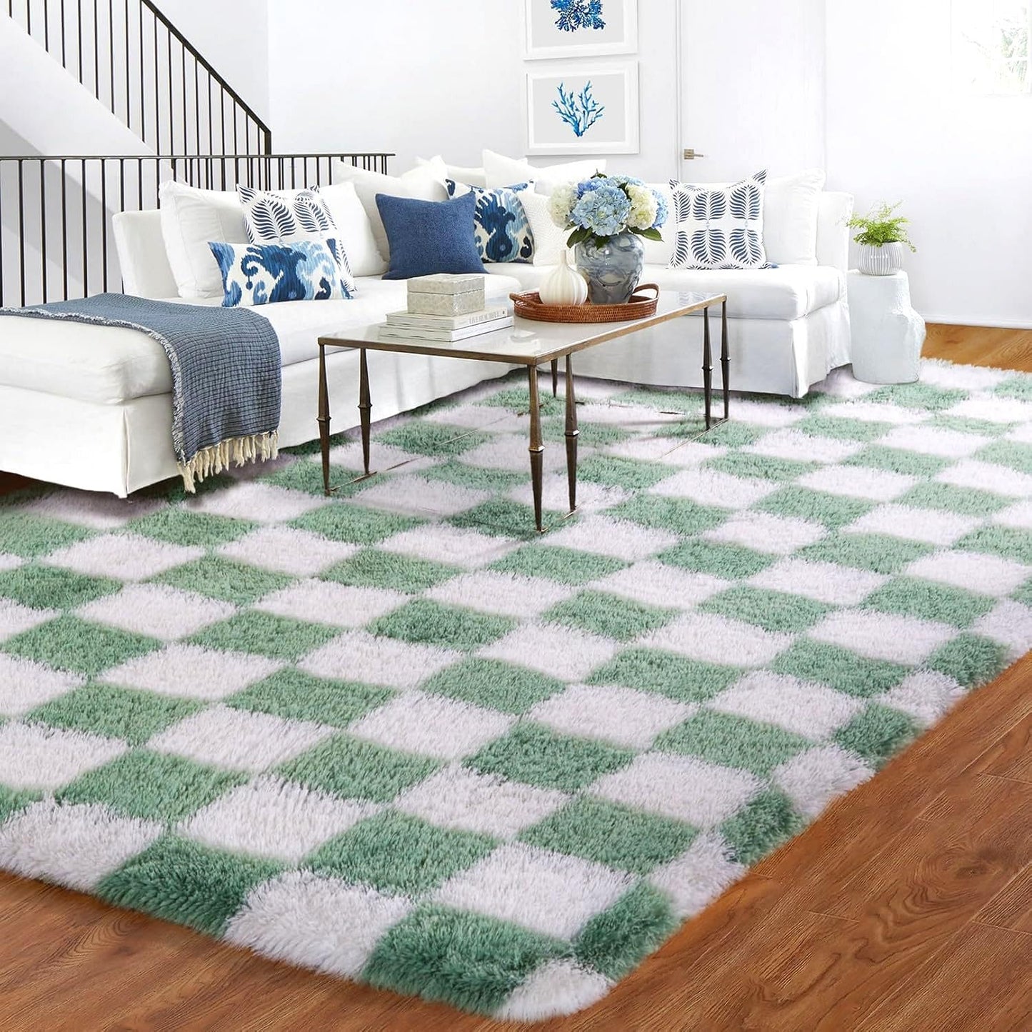 BYBSRLL Checked Rug Pink and White 120 x 180 cm High Pile Soft Fluffy Cuddly Rug Washable Rug Living Room Bedroom Children's Room Girls Non-Slip Rugs for Living Room