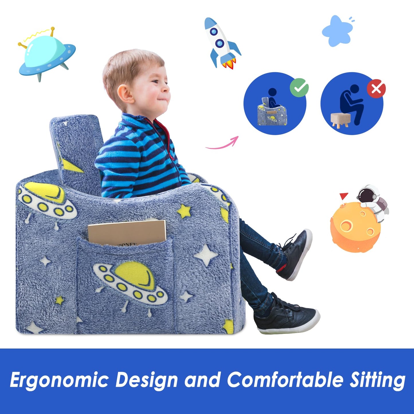 Children's Sofa Fold-Out 2-in-1, Extra Large Children's Sofa Glows in the Dark with Sleep Function, Children's Chair for Children's Room, Playroom, Astronauts