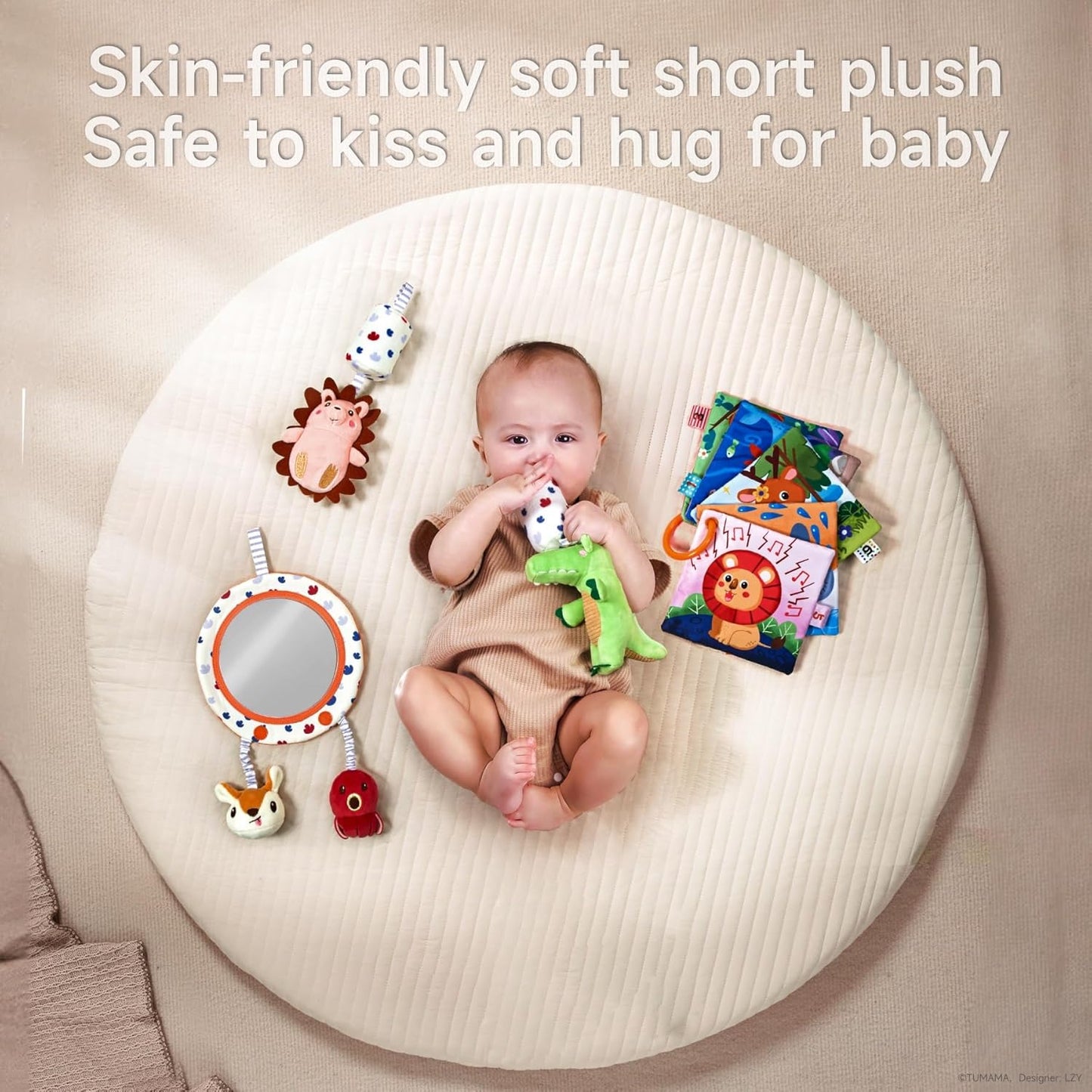 TUMAMA KIDS Baby Spielzeug mit Rassel, Spiegel, Knistertuch Buch, Sensorik Spielzeug für Kinderwagen, Kinderbett, Autositz und Bauchlage, Baby Geschenk Mädchen Junge 0-12 Monate